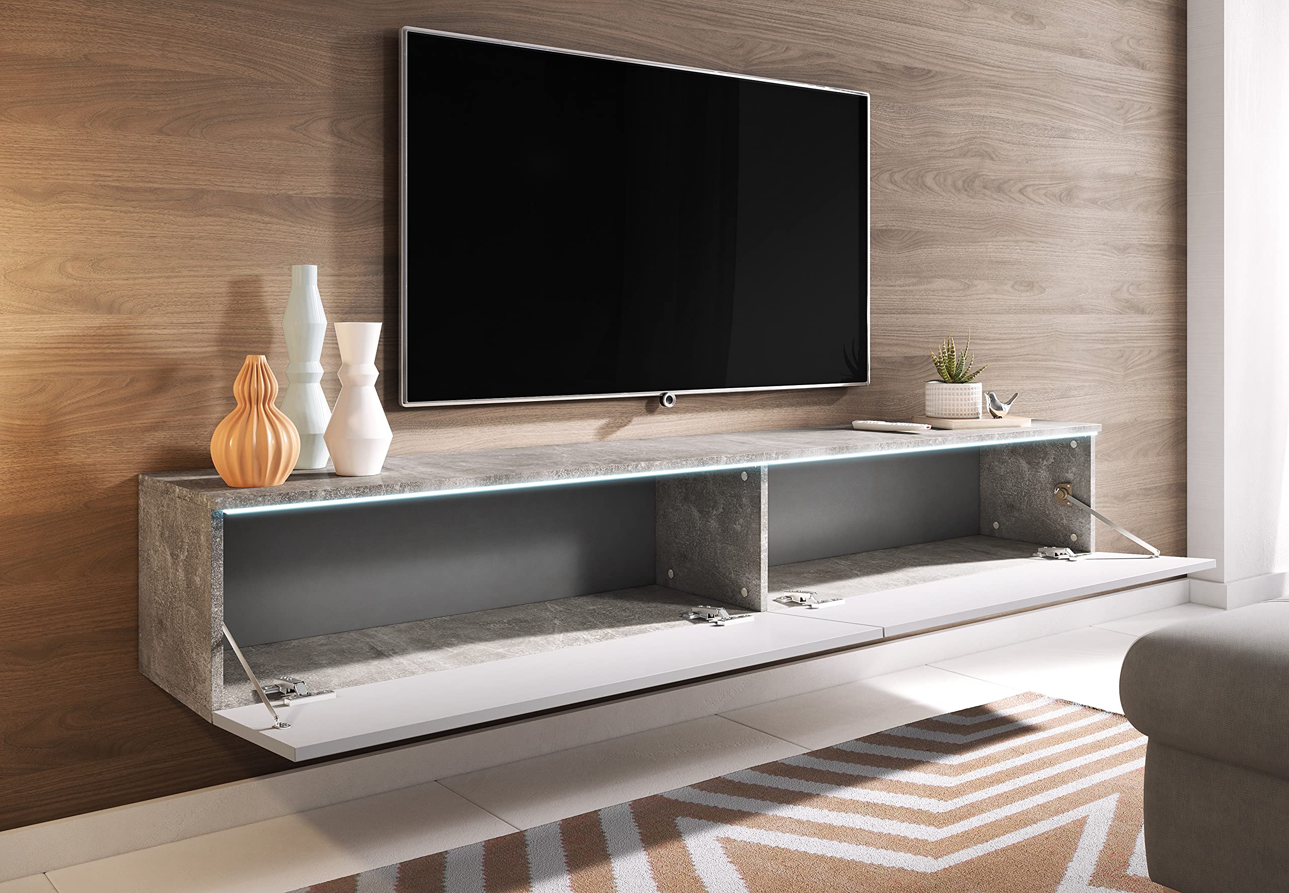 PIASKI Lowboard D 180 cm, bianco cemento, illuminazione a LED opzionale