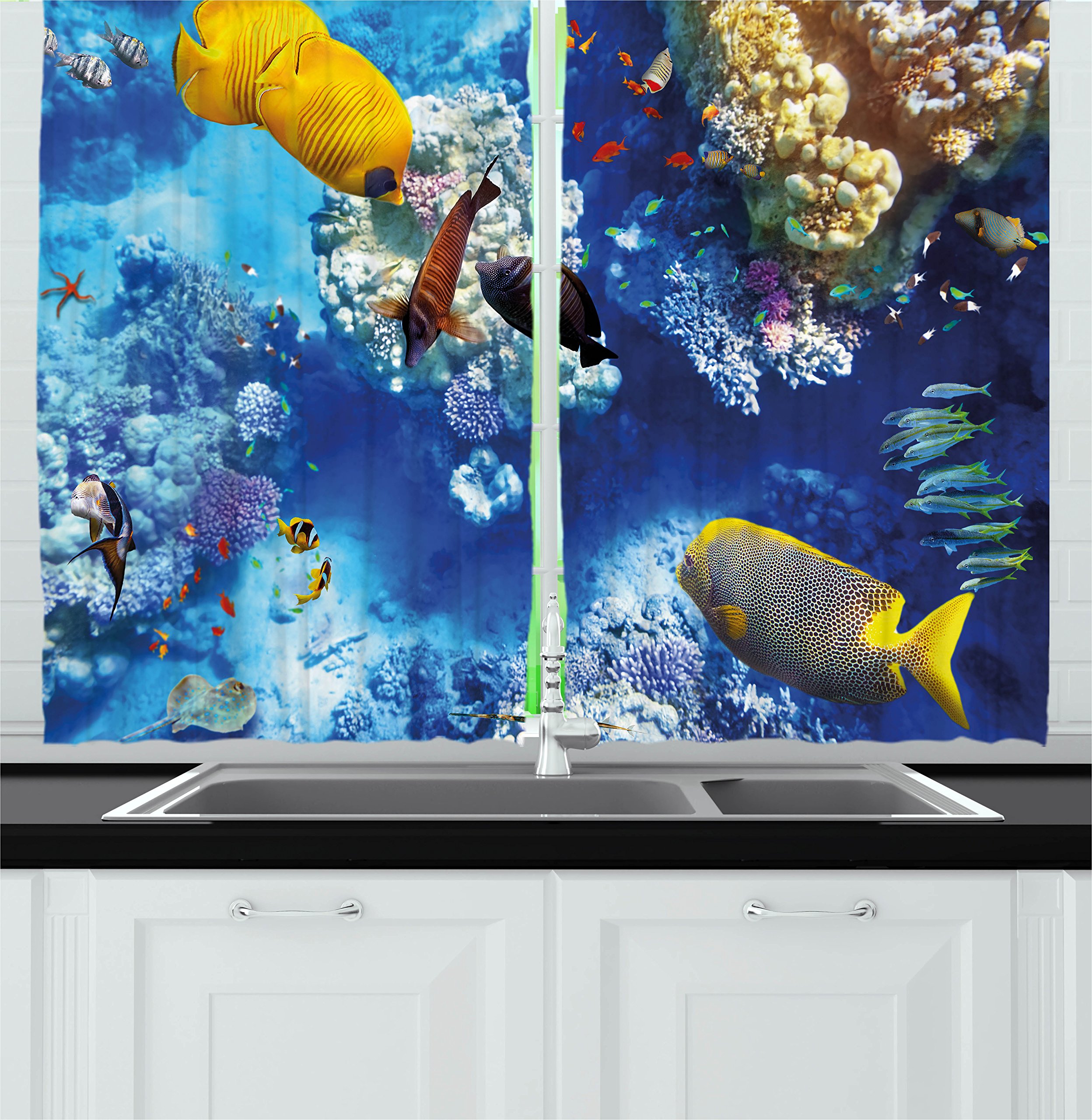 ambesonneFish Kitchen Curtains, Marine Land with Types of Fish with Stony Corals Cluster Wild Life Design Print, Window Drapes 2 Panel Set for Kitchen Cafe Decor, 55" X 39", Turquoise Yellow