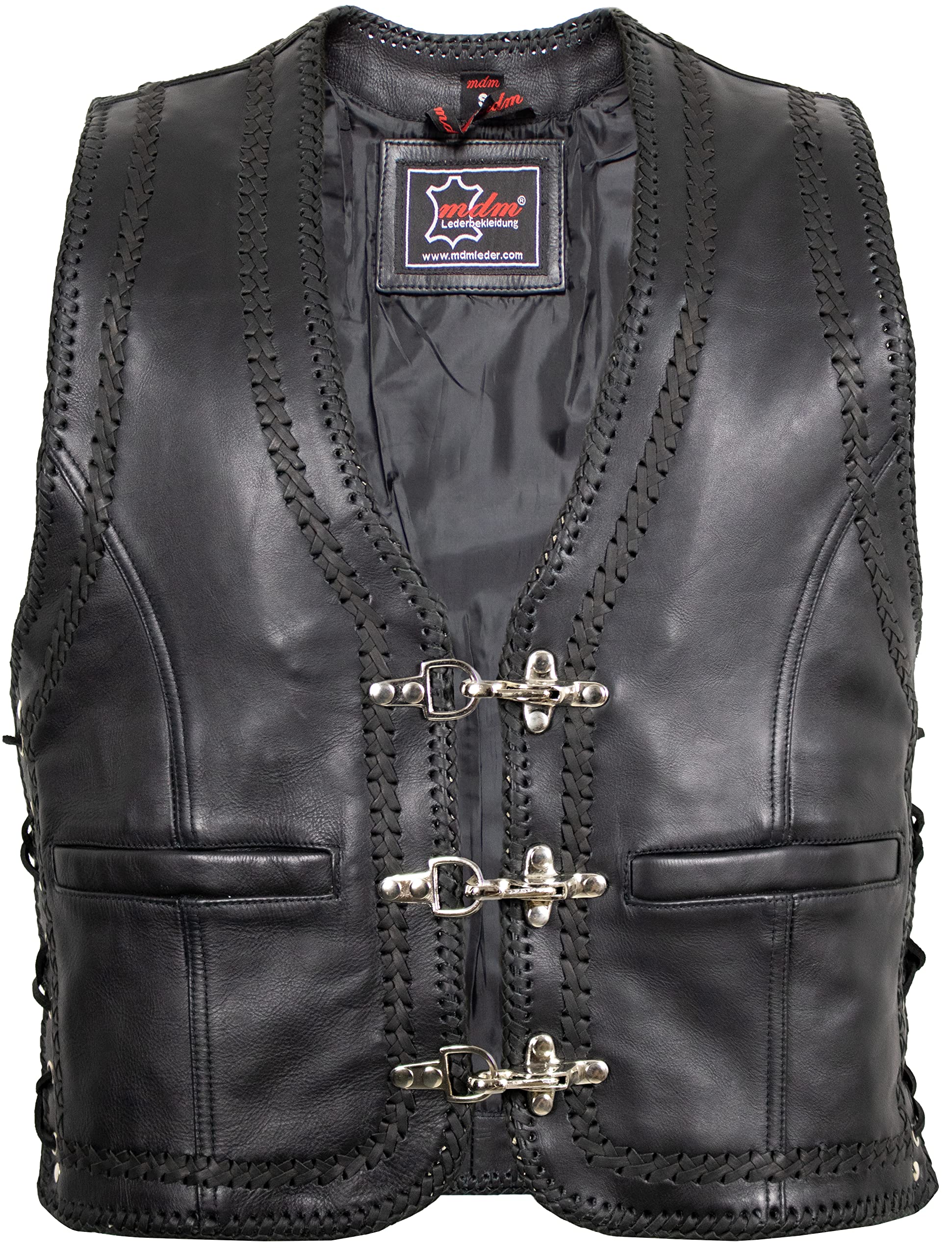 MDM Gilet Uomo in Vera Pelle Nera con Fibbie Cromate – Gilet Moto Biker Club Style in Pelle Bovino 1,2 mm, Laterali Regolabili e Cuciture Intrecciate
