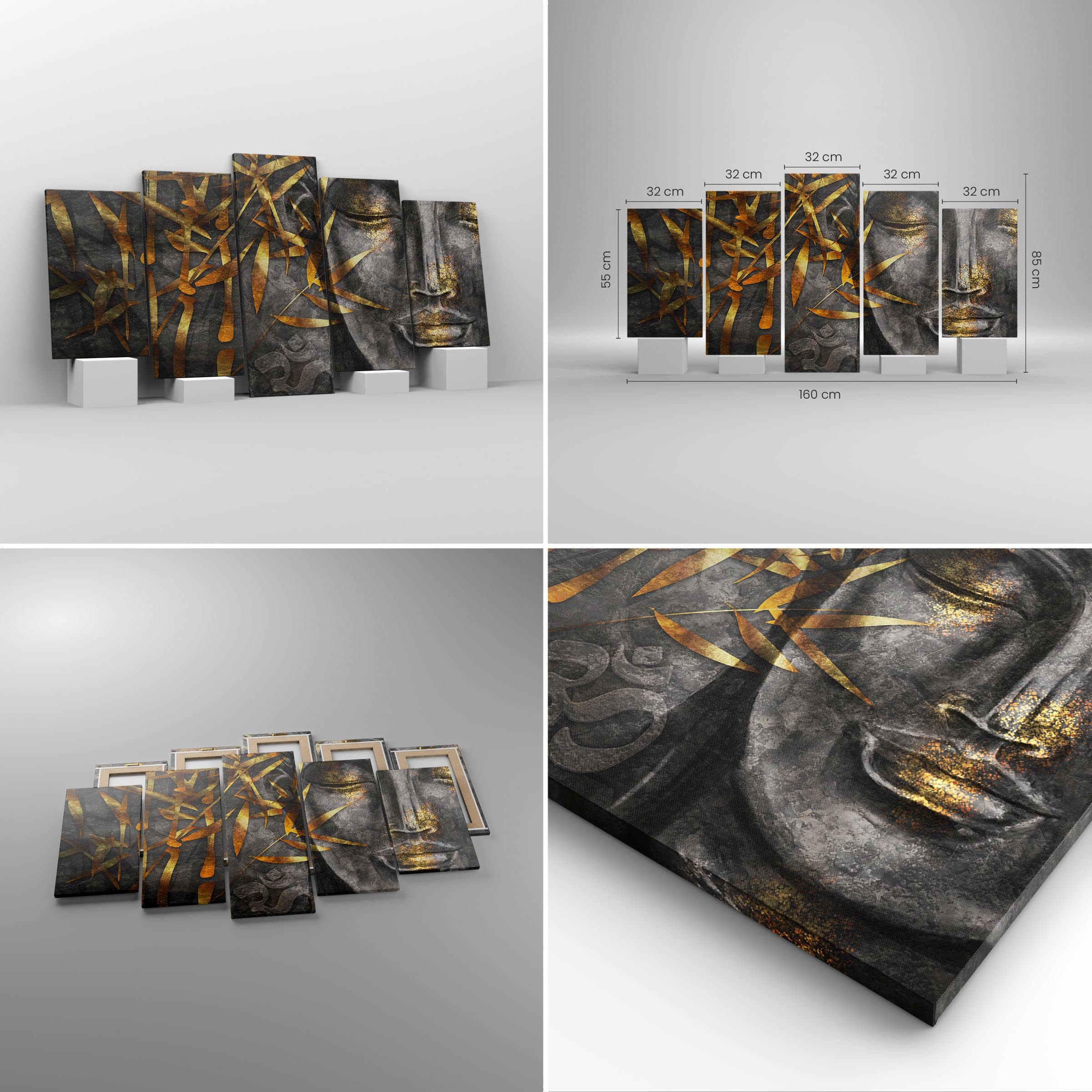 ARTTOR Wandbilder Dekoration Wohnzimmer Buddha Gold Bodhisattva Bilder auf Leinwand 160x85cm Leinwandbild Schlafzimmer Set 5 teilige Wand Kunstdruck Art Groß XXL Wanddeko Bild Canvas EA160x85-4442