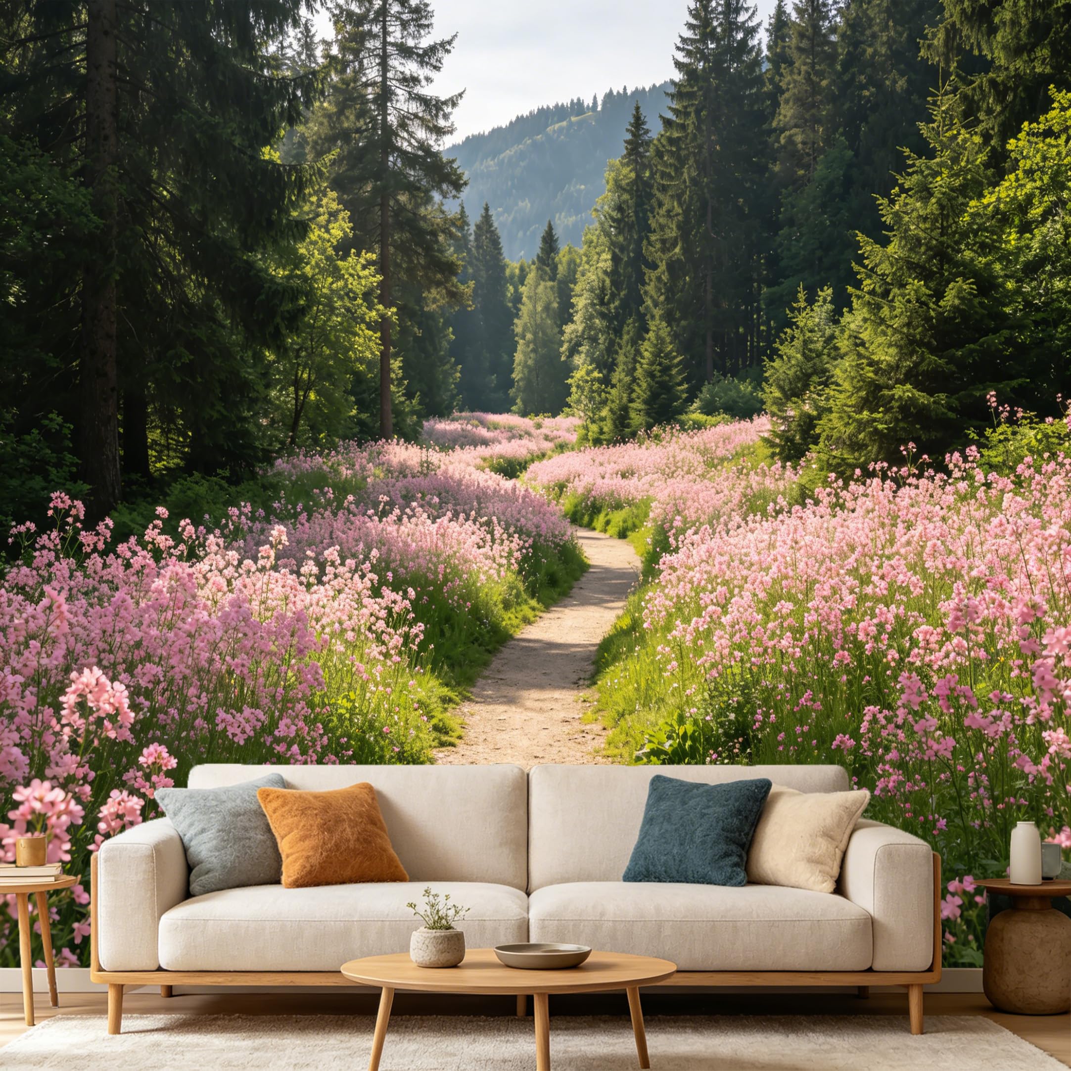 Custom Size Wall Mural Forest Landscape Pink Wildflower Path Nature Scenery SelfAdhesive Art Prints wall Fabric（No PVC） Removable Wallpaper Home Bedroom Decor