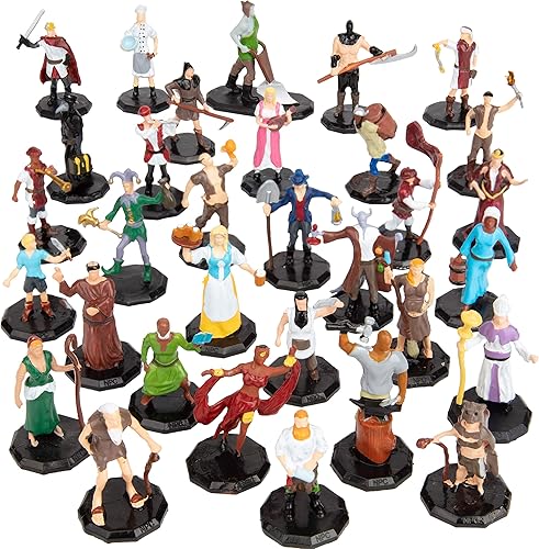 Juego de mini figuras de fantasía hexagonales de 1 pulgada, 32 personajes únicos no jugadores, NPC, nobleza, comerciantes, campesinos, artistas,