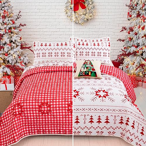 Miniatura 2 de WONGS BEDDING Juego de edredón de Navidad Queen (90 x 96 pulgadas), diseño de copo de nieve y árbol de Navidad, colcha acolchada con 2 fundas de
