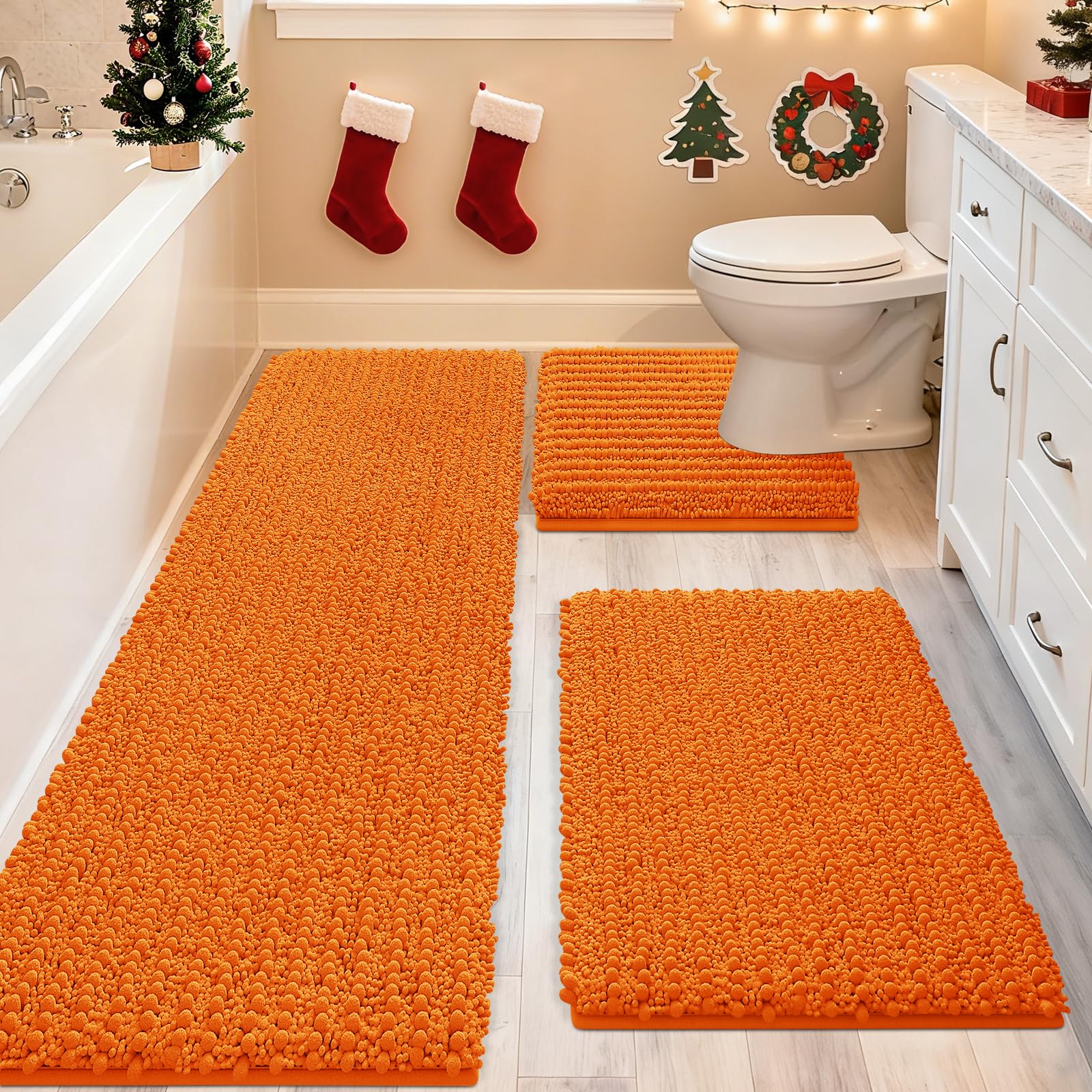 ACCUMTEK Upgrade Extra Large Orange Bathroom Rug Set 3 Pieces Ultra Soft Thick Absorbent Bath Mats Non Slip