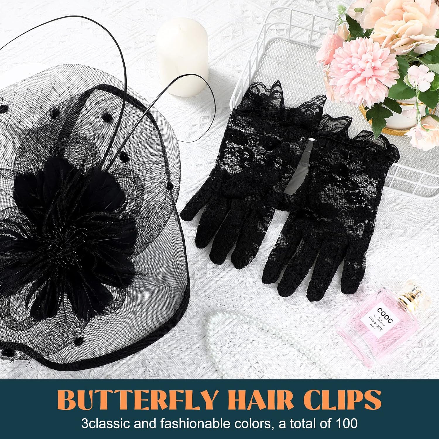 3 Pieces Fascinators Hats for Women Tea Party Hat Feathers Veil Mesh Hat Lace Gloves Pearl Choker Necklace Set for Wedding (Black) - Image 3