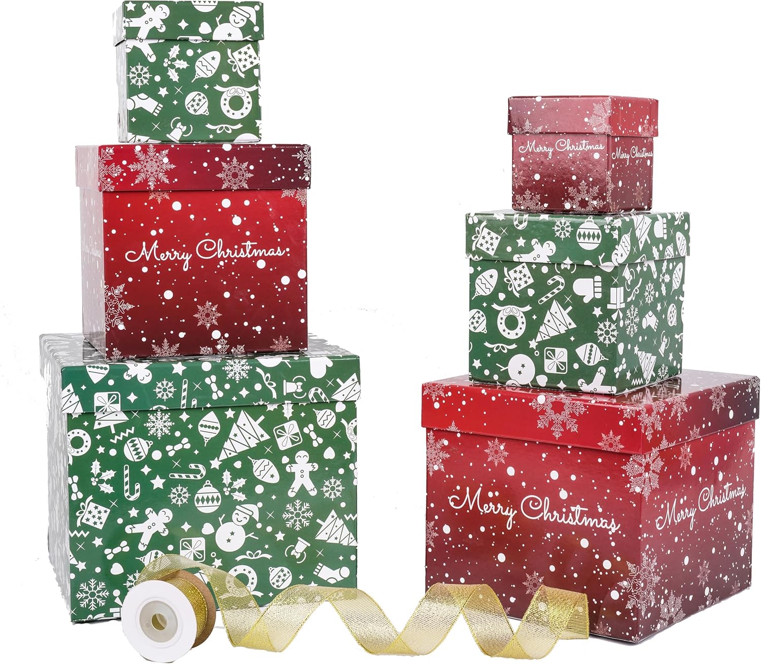 Lyforpyton 6PCS Christmas Nesting Gift Boxes with Lids Xmas Nested Box Set Red Green Square Stackable Gift Box for Christmas New Year Packaging Christmas(B)