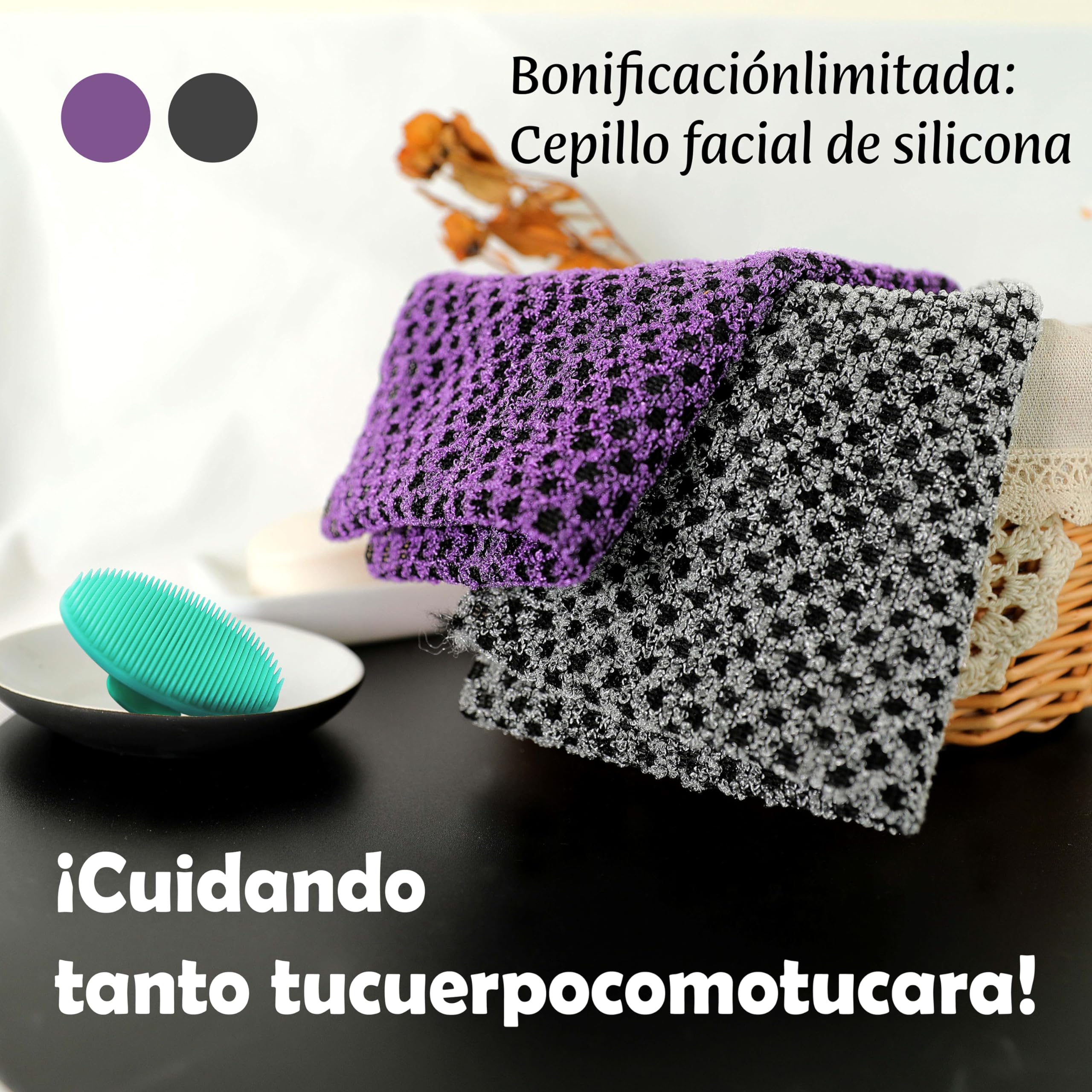 myHomeBody ToallitaExfoliante Extra Larga | Exfoliante CorporalToallaexfoliante, toallajaponesa |3D Textura Obsidian and Raisin Dots, juego de 2 con cepillo facial extra