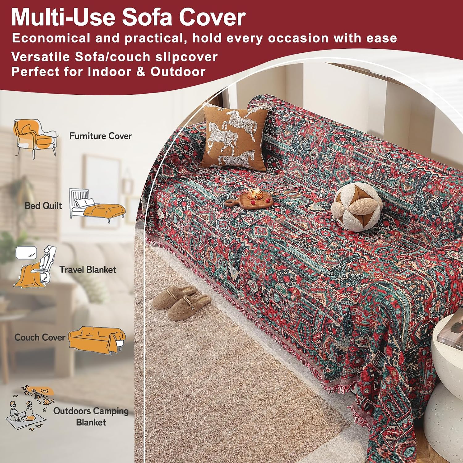 ROOMLIFE Aztec Boho Couch Cover Blanket Sofa Covers for Loveseat 2/3 Cushion Couches, Pet-Friendly Washable Anti-Slip Sofa Slipcovers Furniture Protector with Tassels,Farmhouse Home Decor 71'' X134''