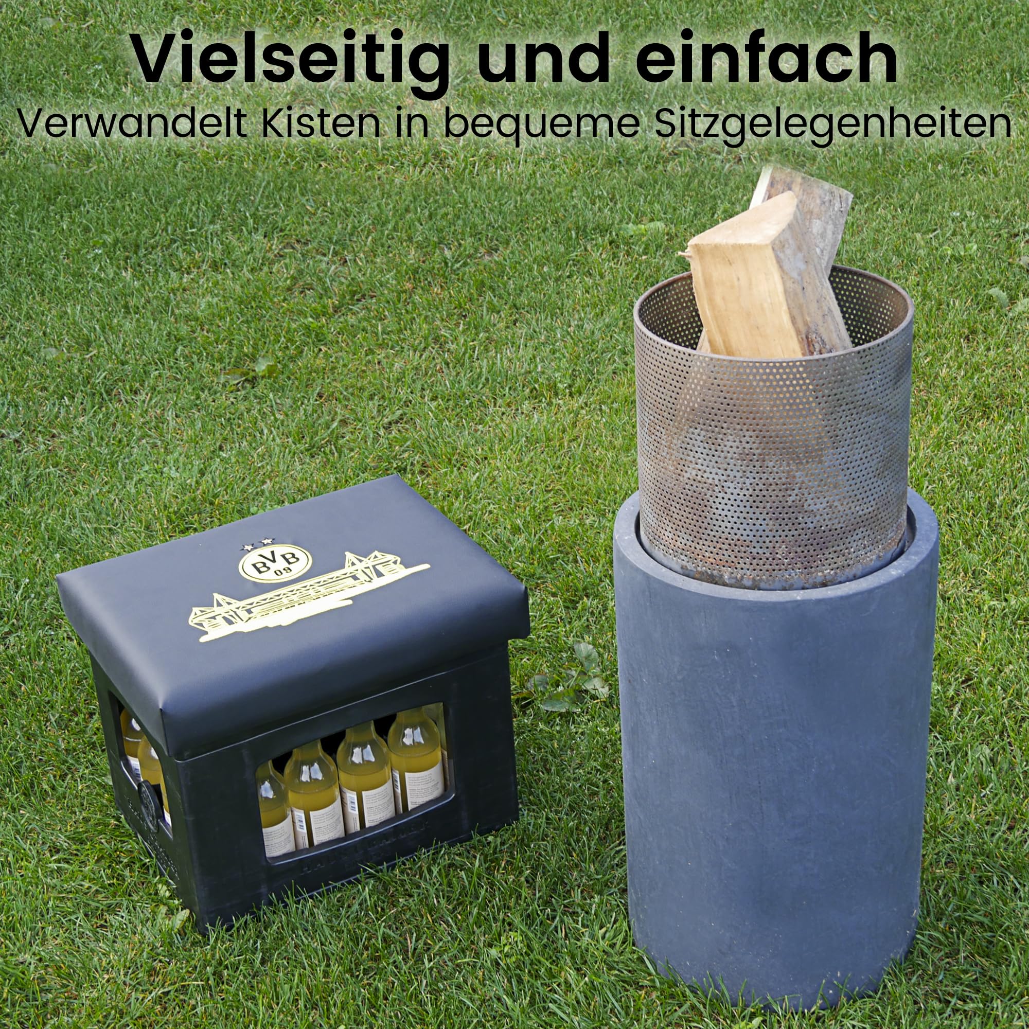 BVB Bierkastensitz aus Kunstleder 42x32x6,5 cm [höchster Sitzkomfort] Bierkasten Sitzauflage als BVB Fanartikel für Garten, Partykeller oder unterwegs, Borussia Dortmund Geschenke für Männer