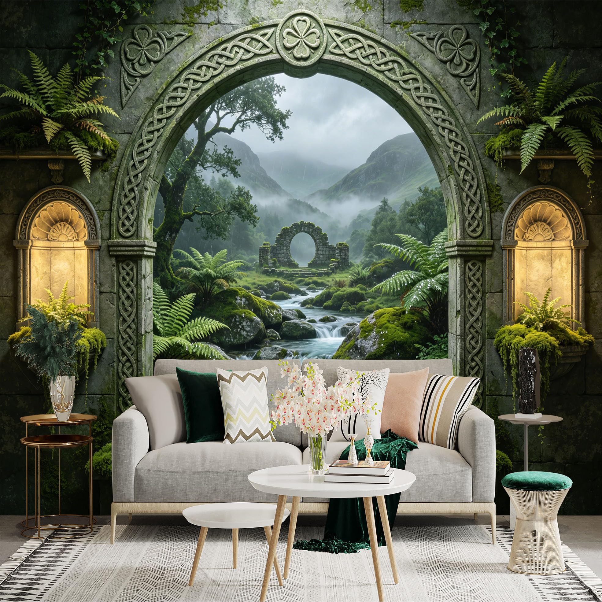 Custom Size Wall Sticker Mural， Mystic Forest Stream with Ancient Stone Arch and Ferns， for wall Decoration， peelandstick wall Decals.