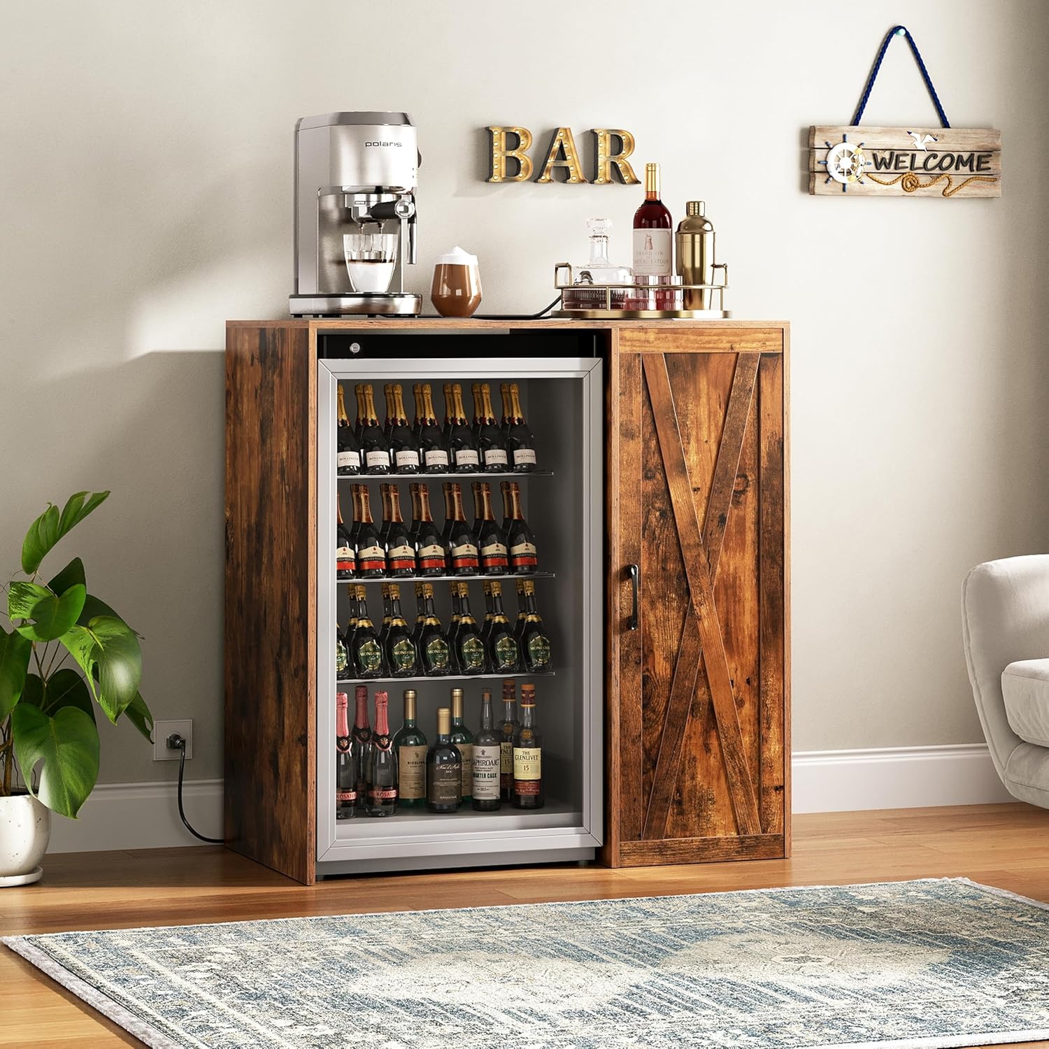 Mini Fridge Cabinet, Coffee Cabinet with Storage, Coffee Bar with Power Outlet, Fits 24" Wine Fridge, 3-Tier Organizer, Wine Bar Cabinet for Kitchen Dining Room Living Room White KTSR001W