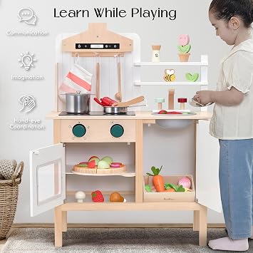 PairPear Wooden Toddler Kitchen Playset, Modern Designed Kids Kitchen Set with Stove, Sink and Play Kitchen Accessories, Pretend Play Toys Gift for Girls & Boys 3+