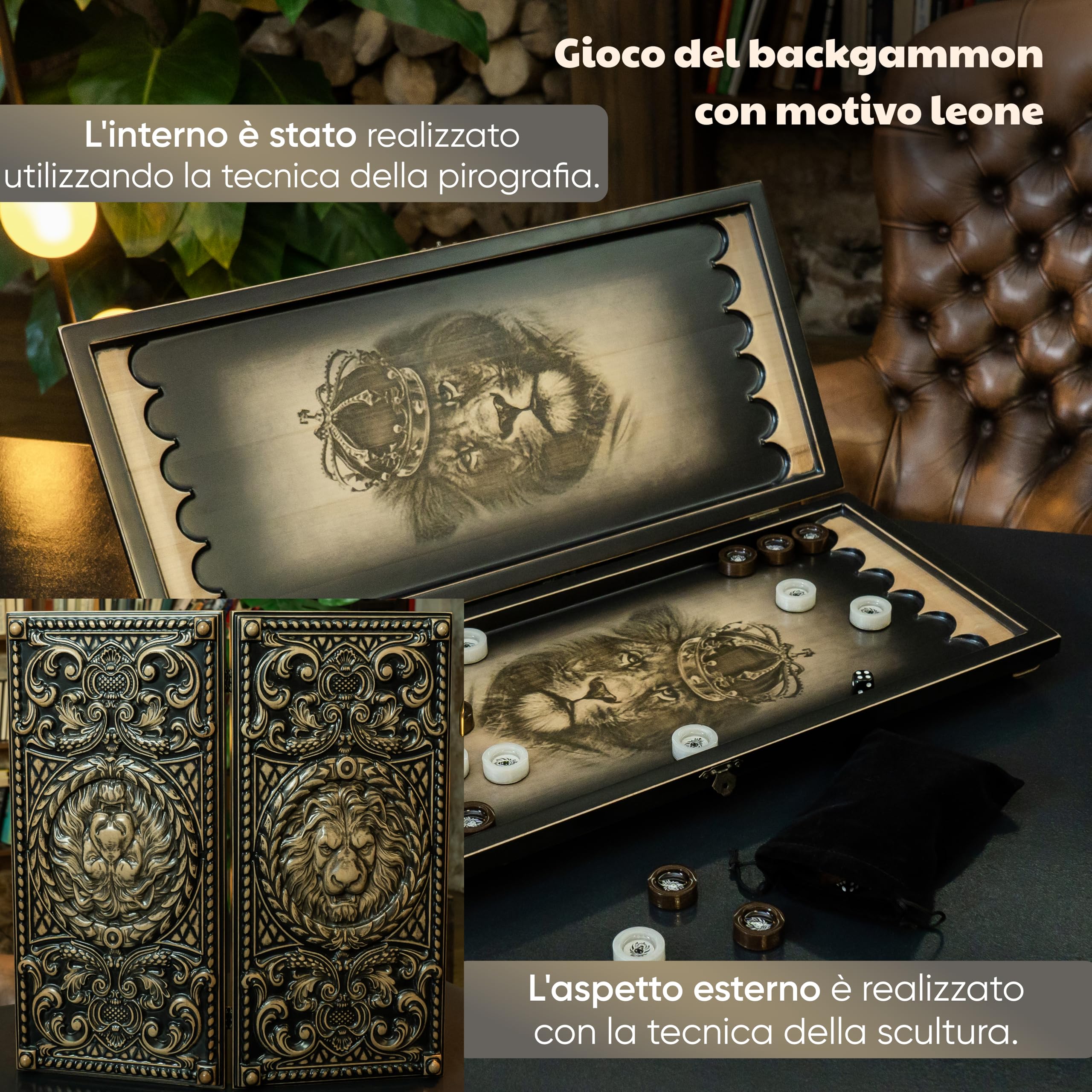 Premium Backgammon in Legno con Design di Leone e Pedine in Resina Epossidica - Gioco di Backgammon Grande Fatto a Mano - Giochi da Tavolo Adulti - Giochi di Società