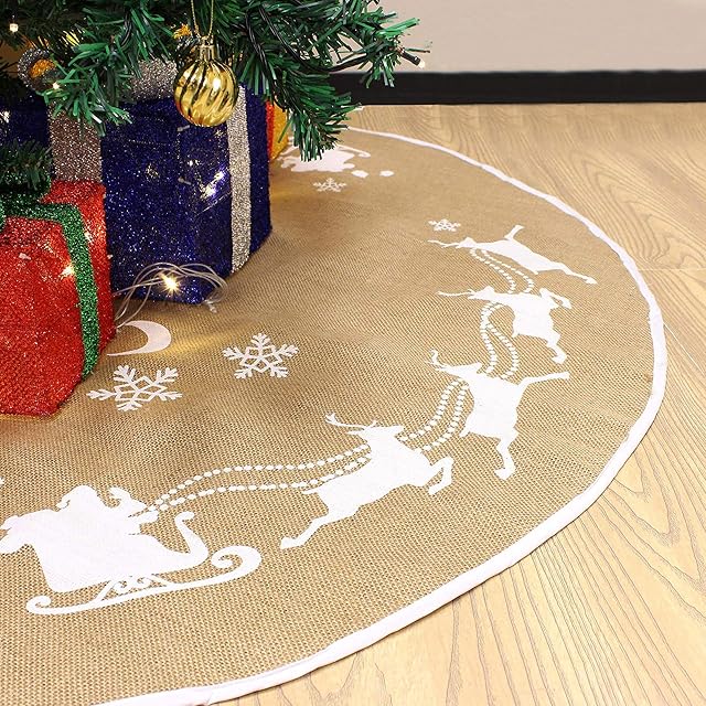 Christmas Tree Skirt 48inch, Santa, Snowflake Sleigh Pattern Burlap Tree Skirt for Xmas Decor Festival Holiday Decorations Indoor Outdoor