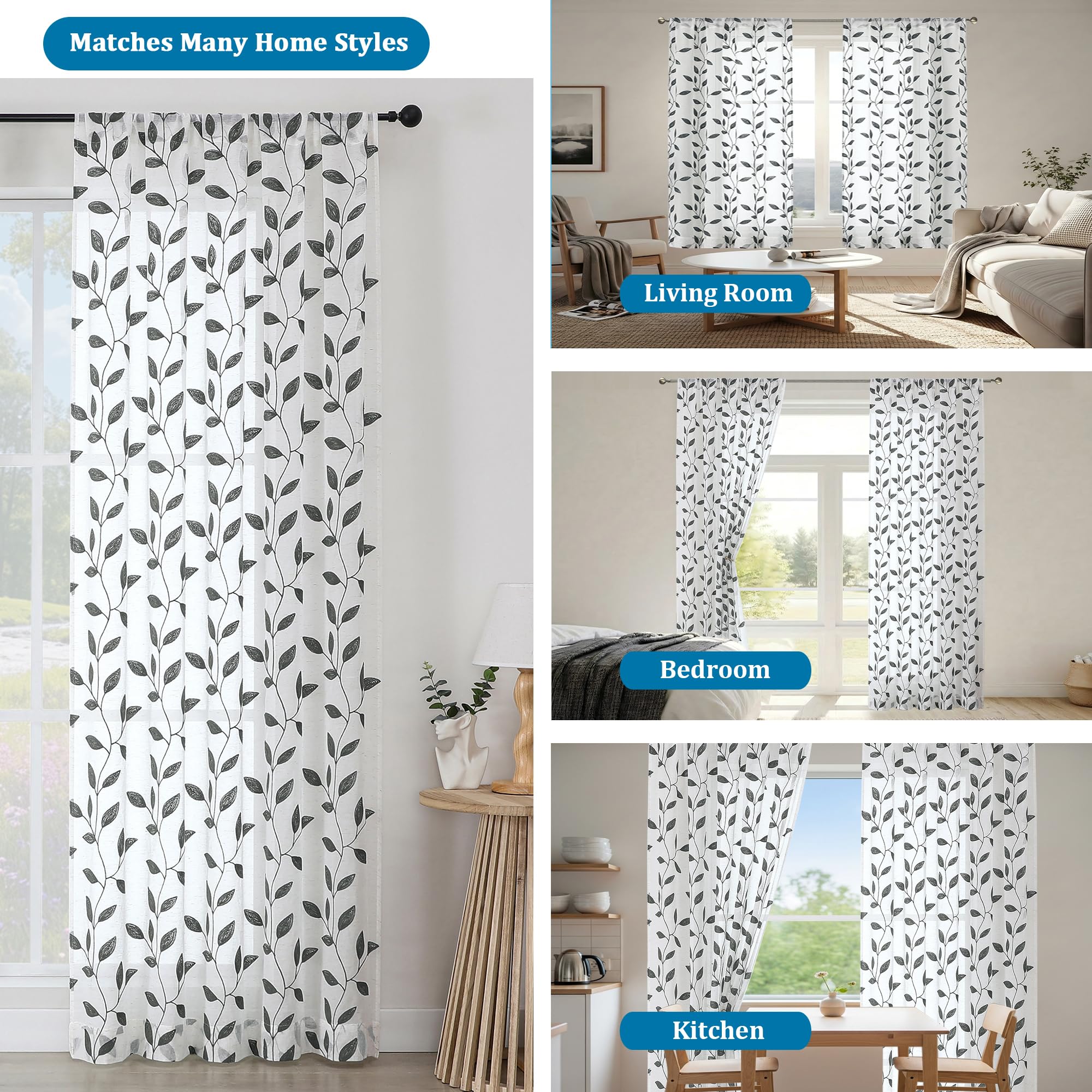 Grey Sheer Curtains - Embroidered Leaf Drapes -5 Grey Sheer Curtains - Embroidered Leaf Drapes -5
