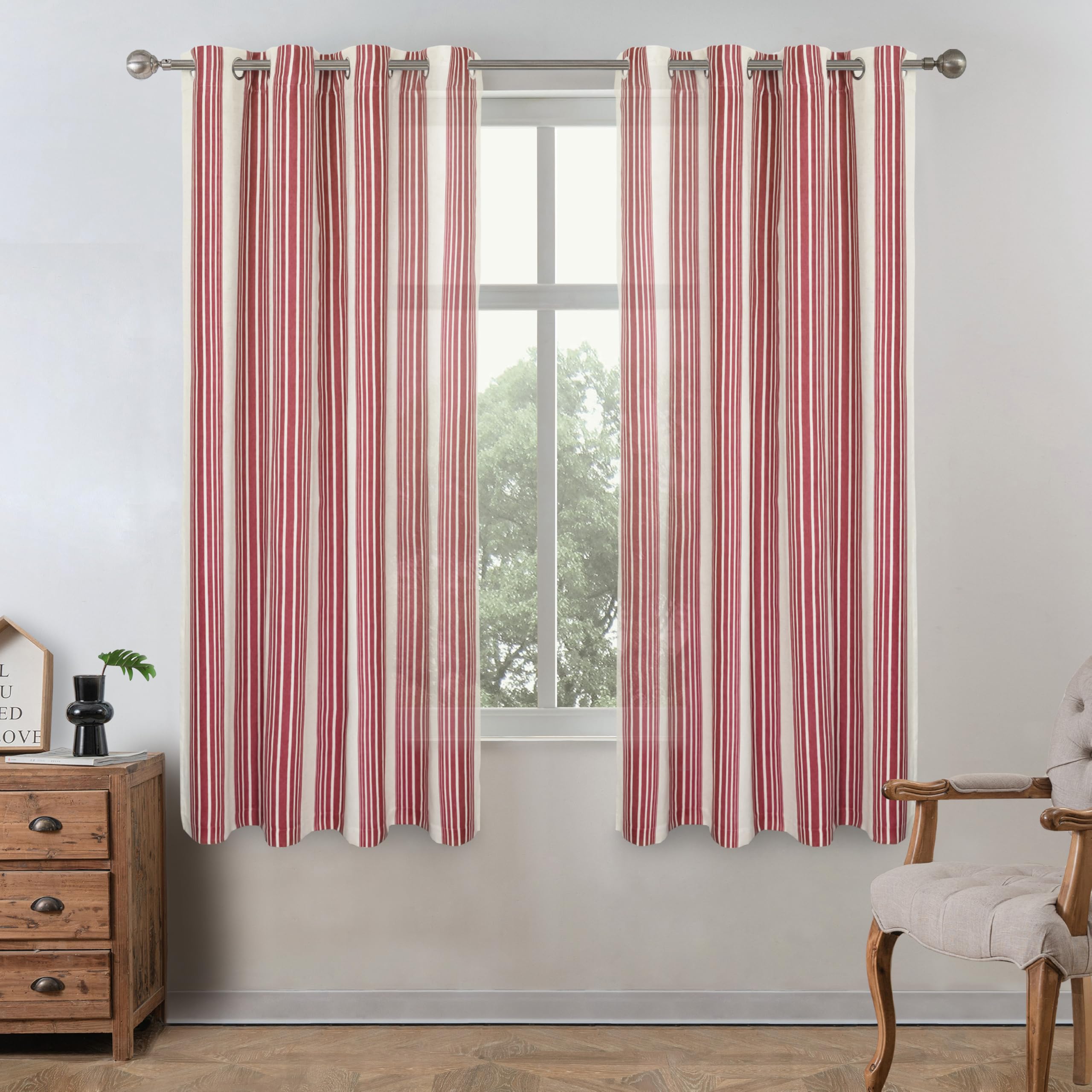 DriftAway Farmhouse Vertical Striped Linen Blend Textured Light Filtering Semi Sheer Curtains for Living Room Bedroom 63 Inches Long Drapes 2 Panels