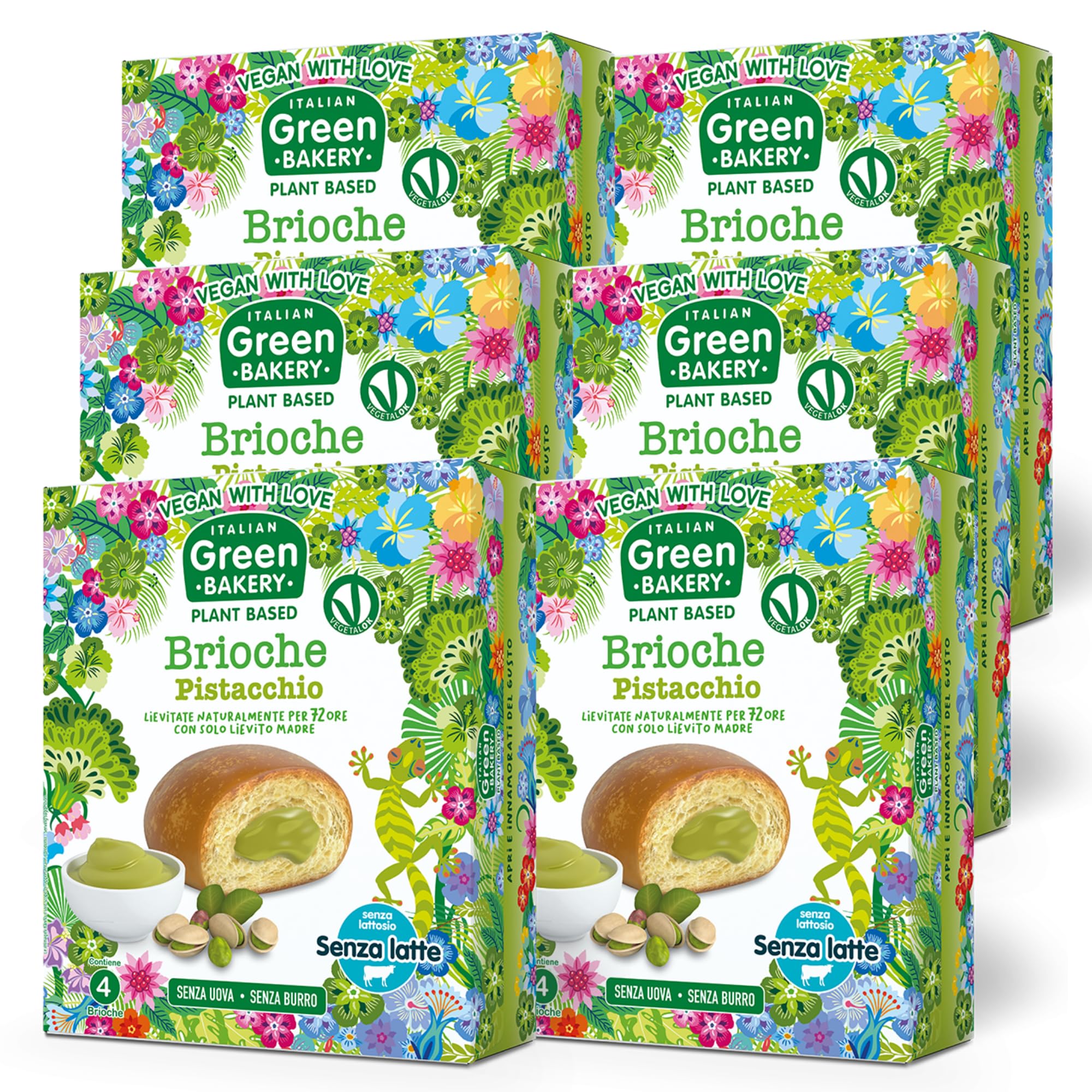Brioches véganes garnies à la Crème de Pistache, Sans Lait ni Œufs, En-cas artisanaux Plant Based au Levain, 45 g x 24 pcs (6 Paquets) - Vegan With Love Italian Green Bakery