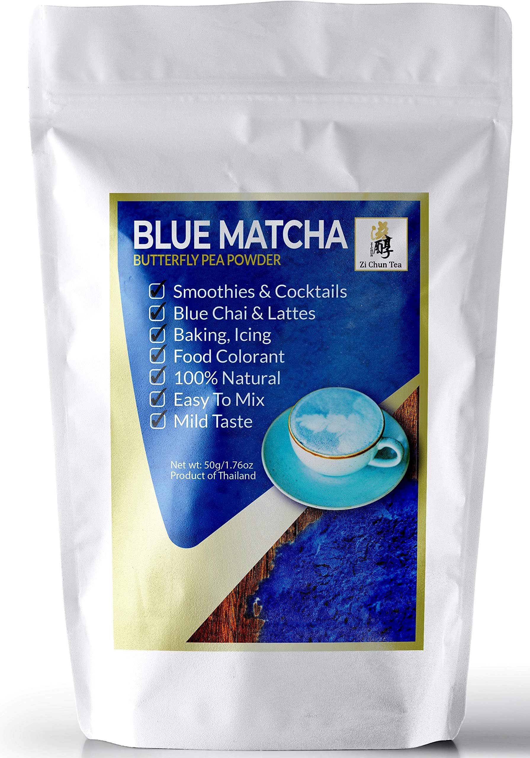 Zi Chun Teas - Natural Butterfly Pea Flower Powder from Thailand, Blue Matcha - Vibrant Blue Color Changing. Ideal for Cocktails, Cooking, Natural Food Coloring - Concentrated - 1.76 Ounces