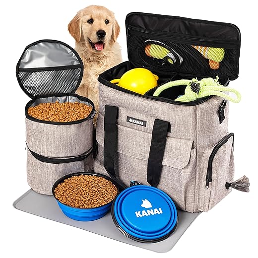 Dog Travel Bag | Dog Food Storage Containers, Silicone Mat, Large Collapsible Bowls | Airline Approved Dog Accessories Organizer | Dog Poop Bag Dispenser | Dog Stuff & Pet Supplies Travel Essentials
