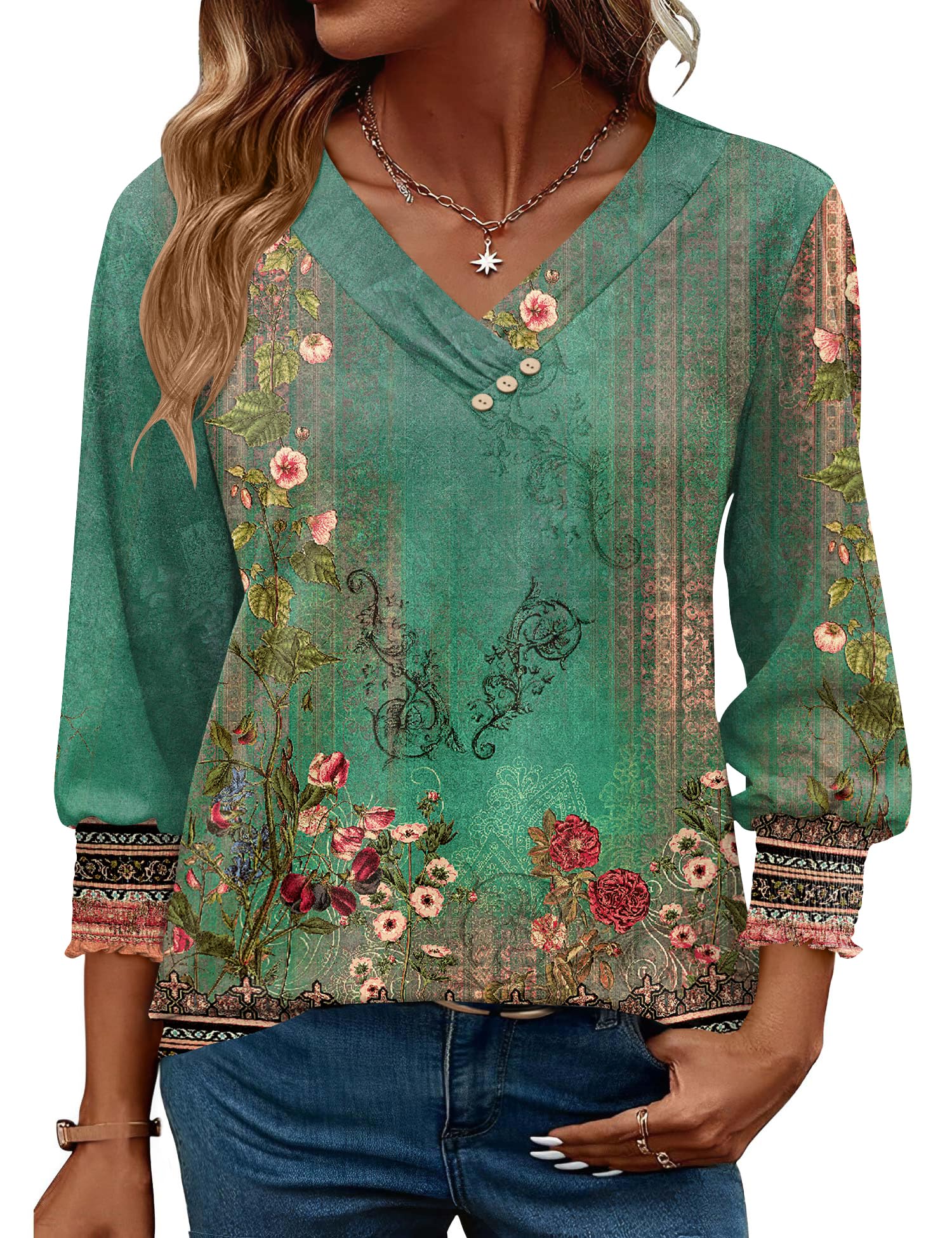 Rapbin Bluse Damen 3/4 Arm Shirt Elegant V-Ausschnitt Tunika Sommer Tops Lässig Oberteil Mit Knopfleiste 2026
