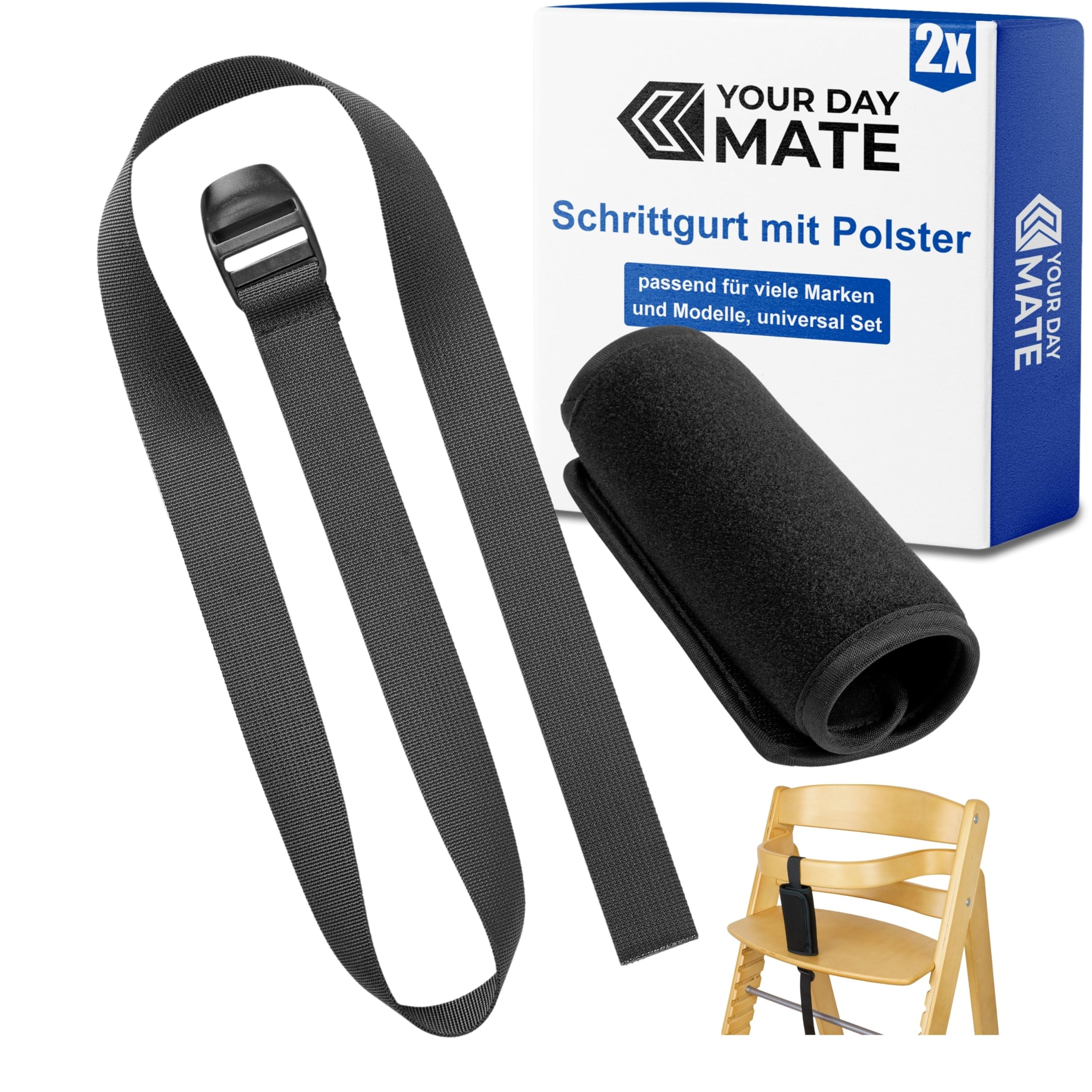 Schrittgurt und Gurtschoner Set für Hochstuhl, 2 Pack, Schwarz, Gurtriemen kompatibel mit Hauck Alpha Beta, Stokke Tripp Trapp, roba Sit Up, weicher Neopren Bezug, Gurtpolster Schrittgurt Kinderstuhl