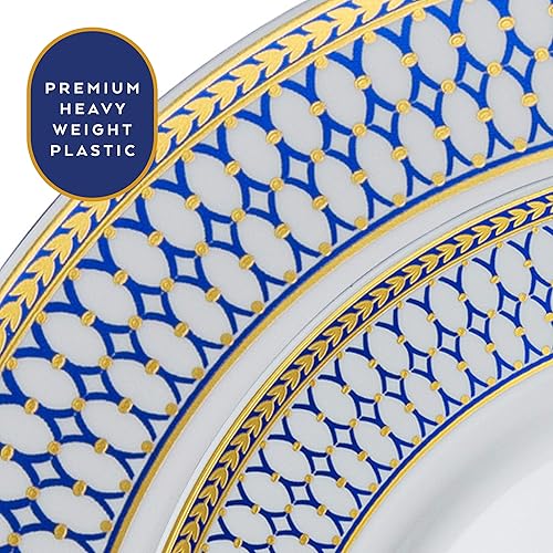 Miniatura 3 de Laura Stein 20 platos de 10 pulgadas vajilla de diseñador de plástico pesado de alta calidad blanco con borde azul y dorado plato de plástico para