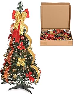 Christmas Tree Fully Decorated Pre-lit 4 Ft Pull Up Pop Up Out of Box Ready Minimal Assembly Needed Holiday Decorations w/...