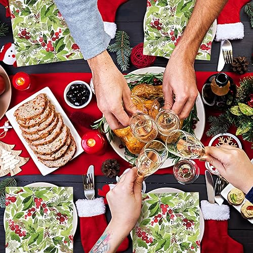 Miniatura 7 de AnyDesign - Servilleta de papel de Navidad de 6.5 x 6.5 pulgadas con muérdago en acuarela, servilleta desechable para decoración de fiestas en el