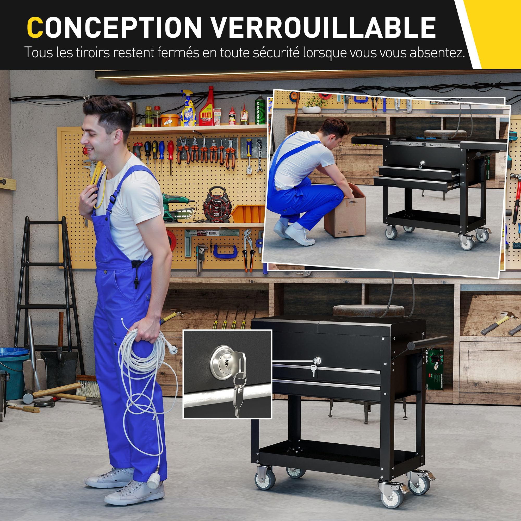 HOMCOM Chariot d'atelier Servante d'atelier sur roulettes en Acier Noir | Chariot à Outils, Plateau Coulissant, Tiroirs Verrouillables, Poignée, pour Entrepôt, Atelier, Garage