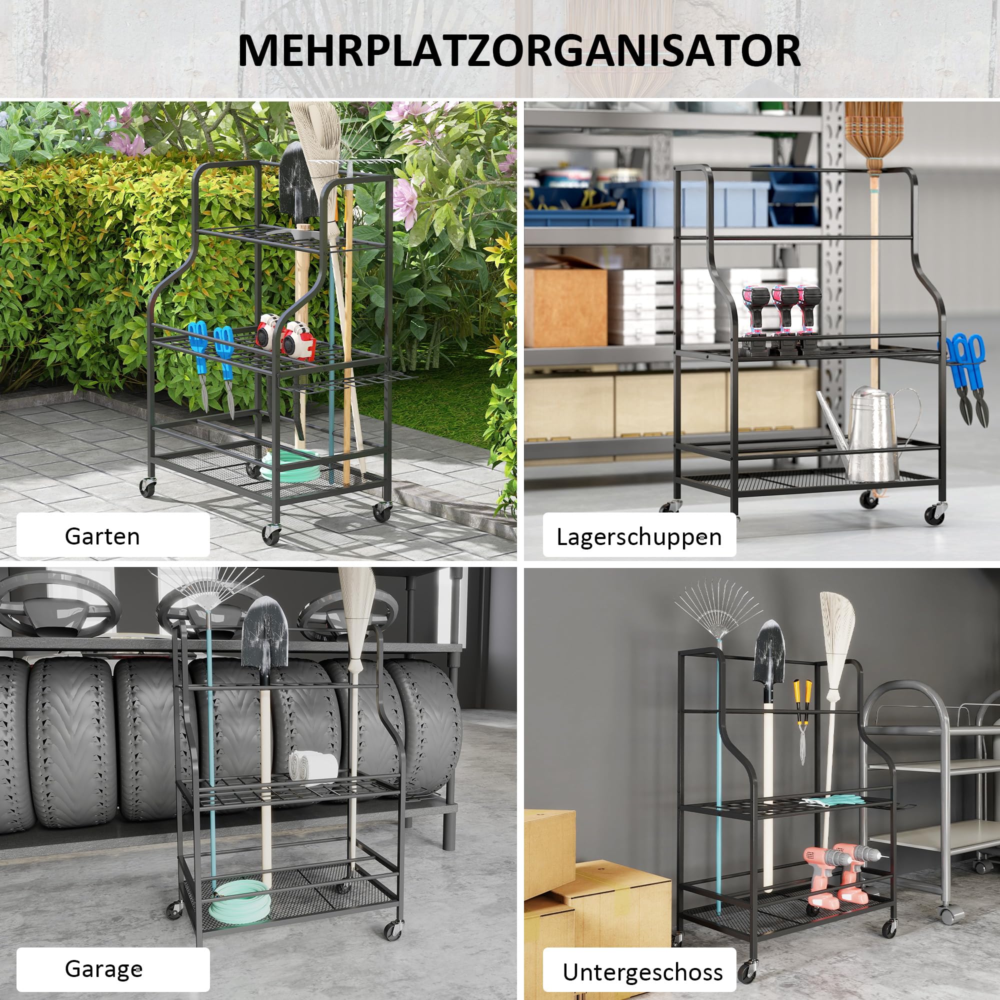 Outsunny Gartenwerkzeug-Organizer 3-stufig mit Haken 77x40x97cm Schwarz | Gartengeräte Ständer, Gartenwerkzeugständer, bis 40 kg belast, Gerätehalter, Mehrzweck Besenhalter, für Garage, Schuppen