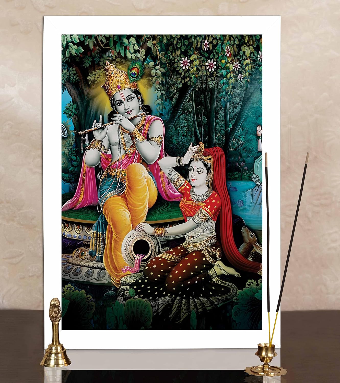 Wall God Photo Frame Lord Krishna Playing Flute & Goddess Radha Dancing Home Decor Religious Poster With Frame God Photo Frame For Gift Purpose-12 x 18 Inches