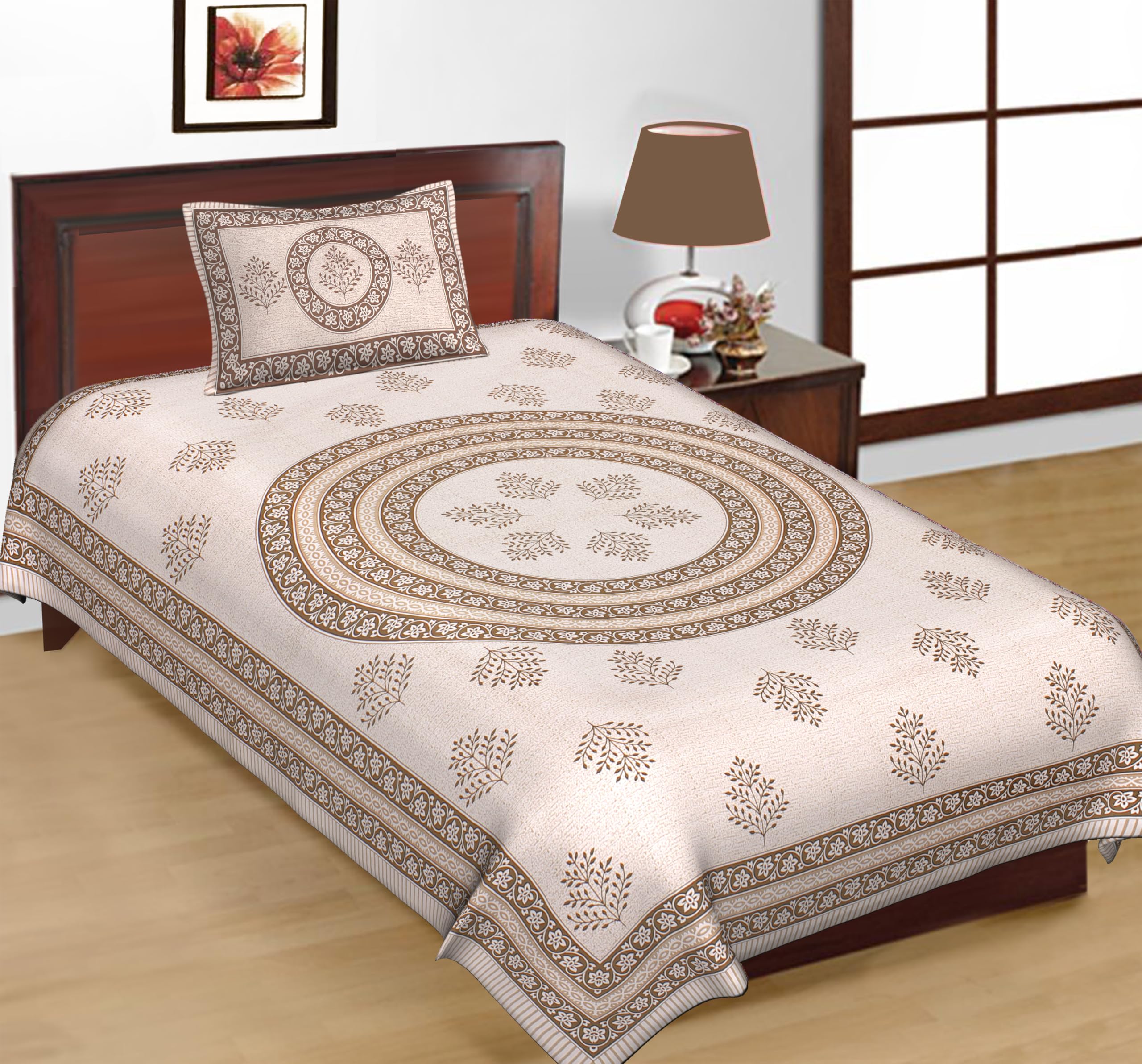 Salgia Cotton Single Bedsheet Set with One Pillow Cover Ethnic Motif Design Soft Comfortable Summer Use Brown Single-picture-28