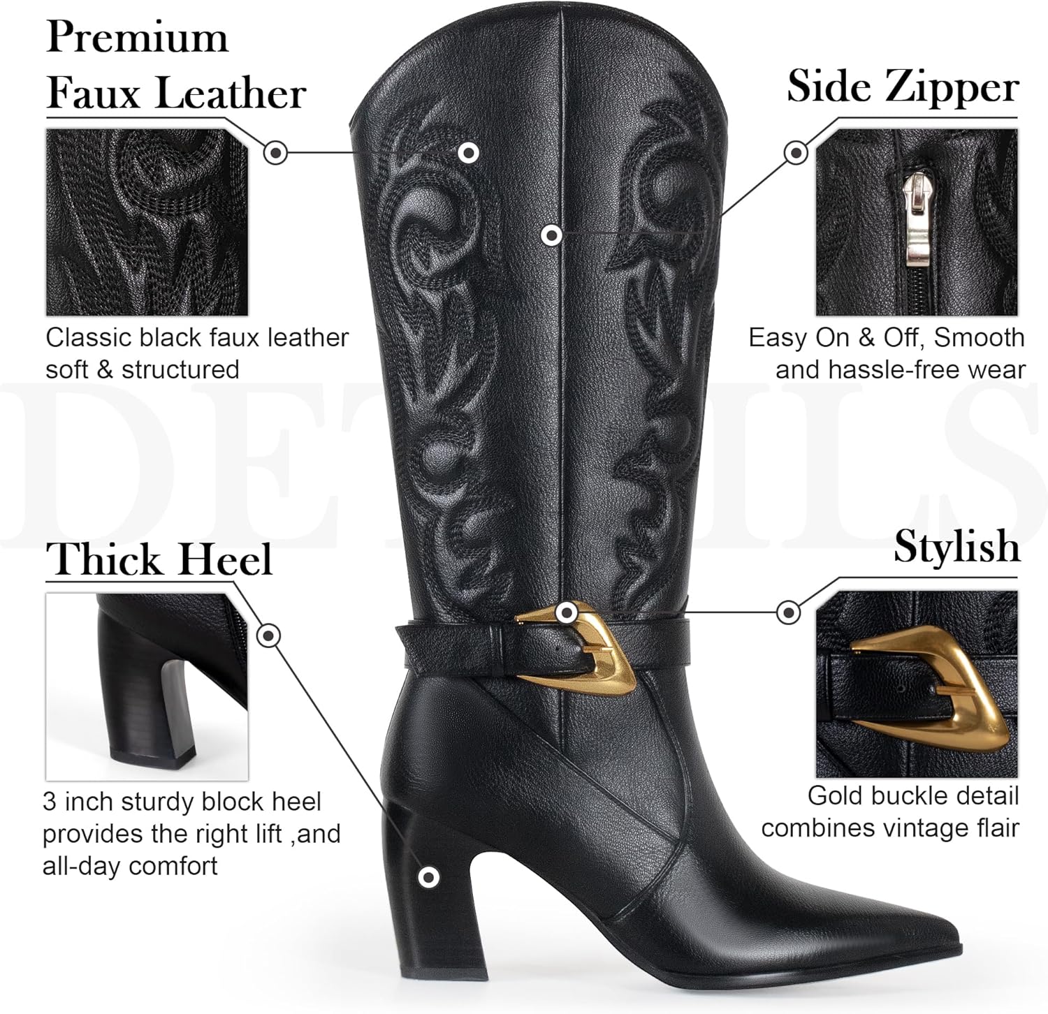 Western Cowboy Boots for Women - Knee High Calf Cowgirl Boots with Classic Embroidered with Gold Buckle, Slip On Pointed Toe Chunky Heel Fashion Retro Classic Faux Leather Pull On Tall Boot