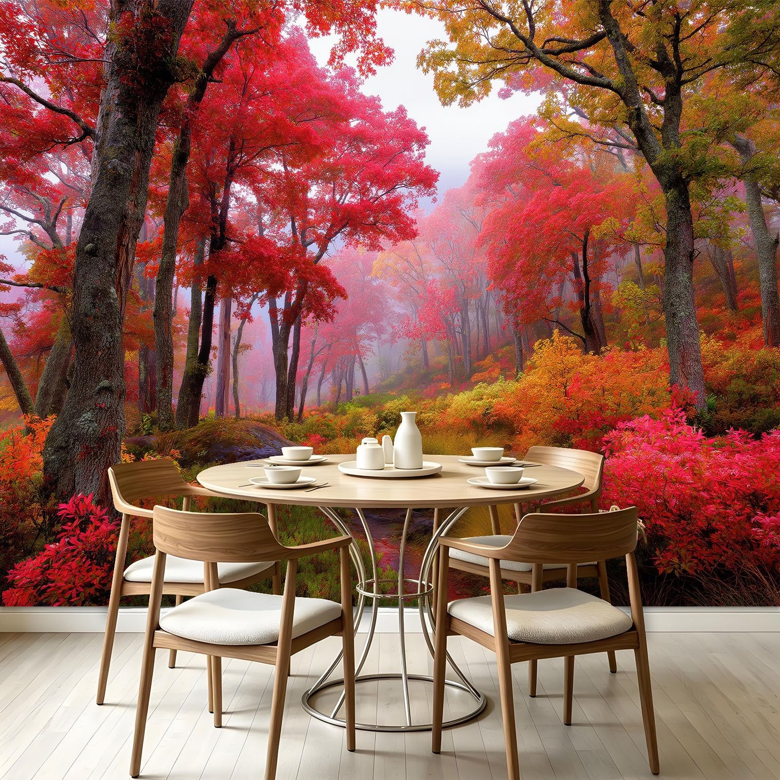 Carta da parati murale con paesaggio autunnale, motivo botanico scandinavo, 300 x 210 cm, con alberi e foglie rosse e nebbia, adesivo da parete per camera da letto, soggiorno, corridoio, divano