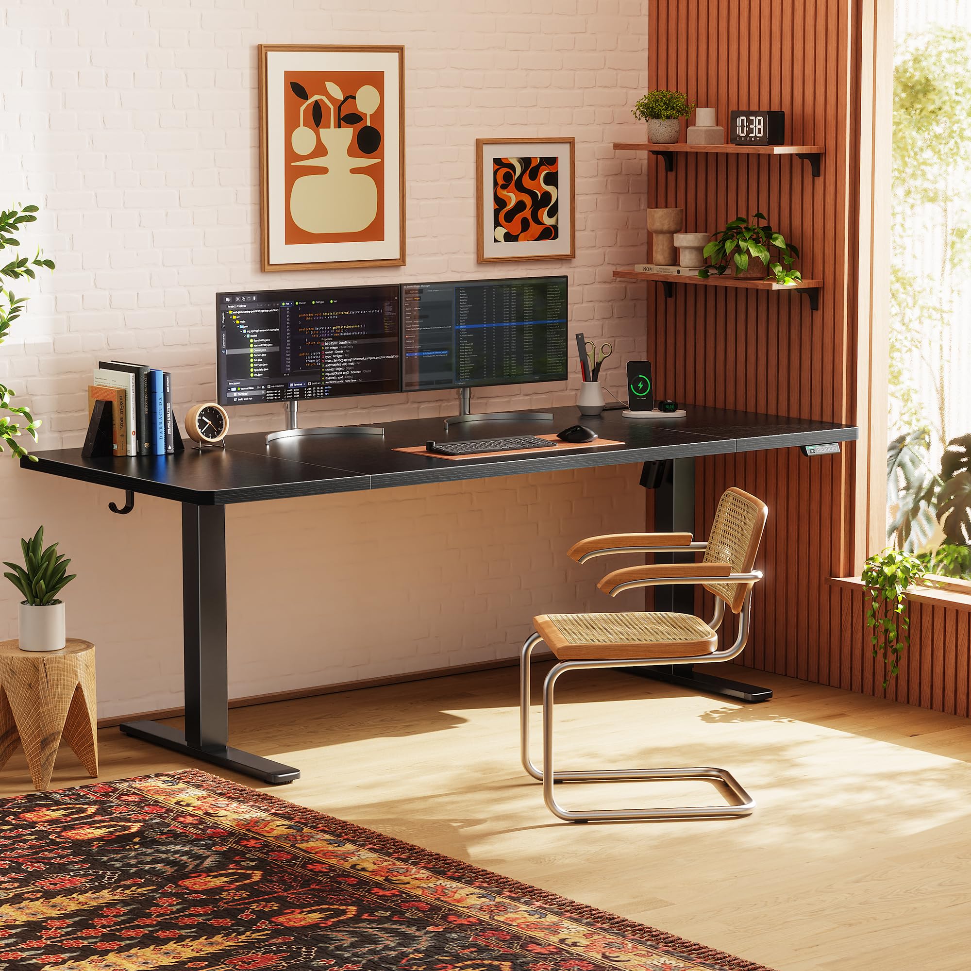 huuger 71 x 30 inch electric standing desk with power outlets and usb-c port, height adjustable desk, sit stand desk for home office, computer & gaming desk with 4 presets, stable steel frame, black