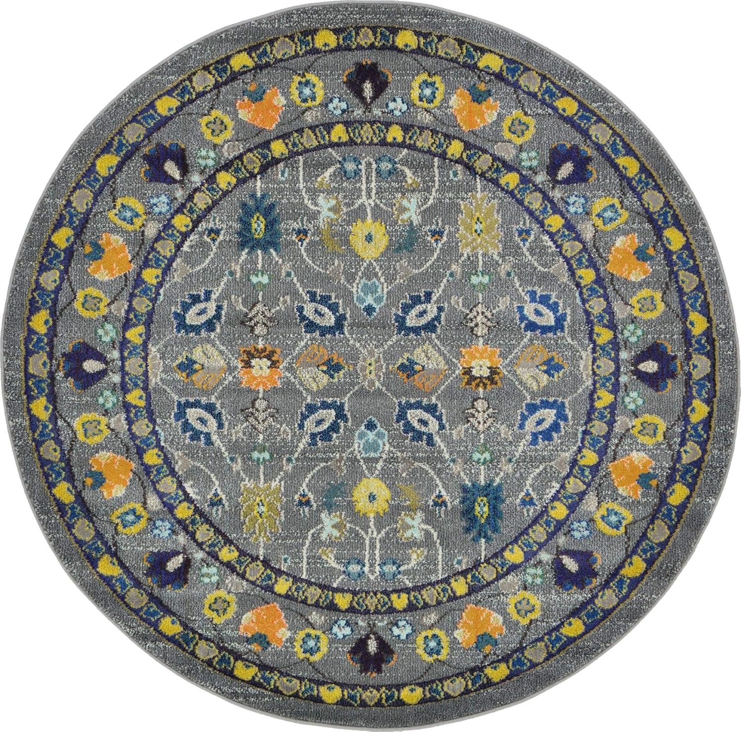 Rugs.com Fleur Collection Rug – 6' Round Gray Medium-Pile Rug Perfect for Kitchens, Dining Rooms
