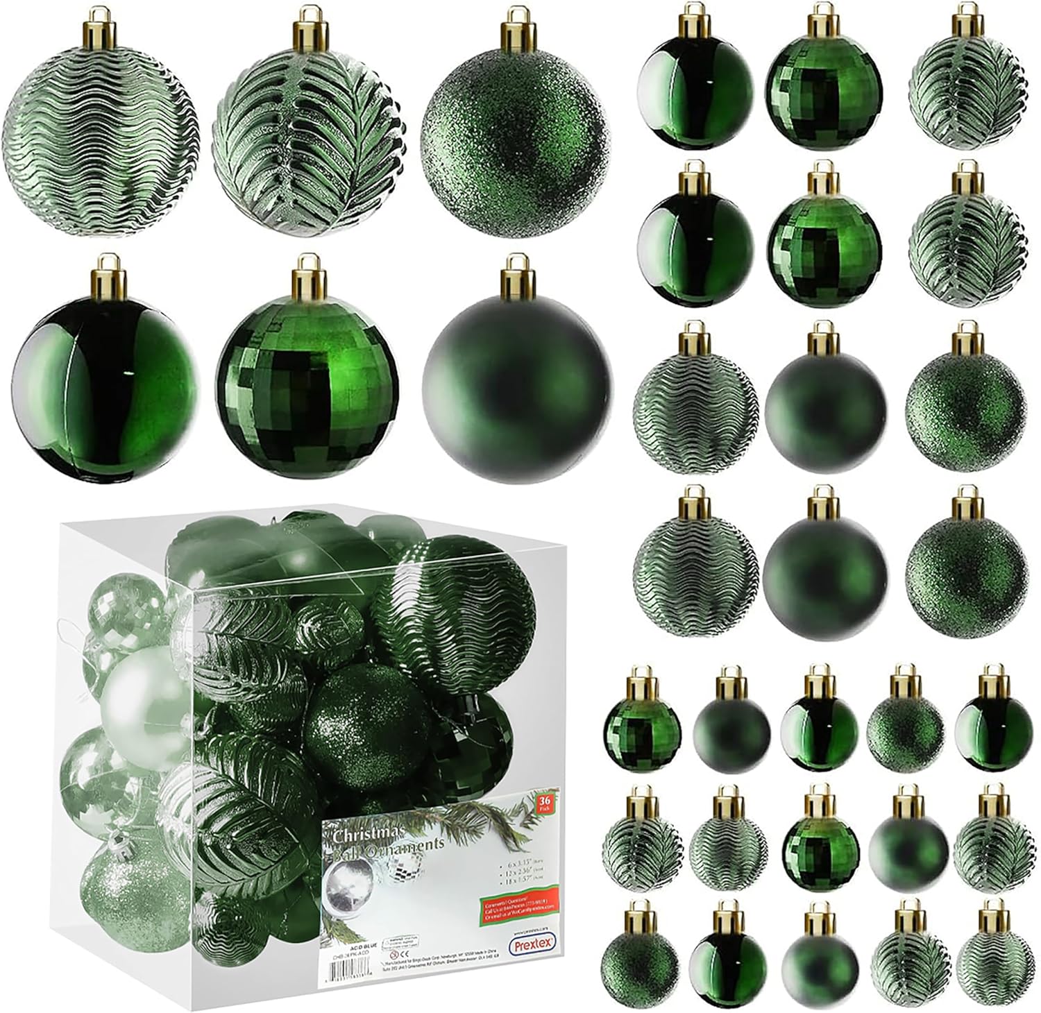 Prextex Atrovirens Christmas Ball Ornaments for Decorations – 36 Pieces Shatterproof Christmas Tree Ornaments with Hanging Loop (Combo of 6 Styles in 3 Sizes) Prextex Atrovirens Christmas Ball Ornaments for Decorations – 36 Pieces Shatterproof Christmas Tree Ornaments with Hanging Loop (Combo of 6 Styles in 3 Sizes)