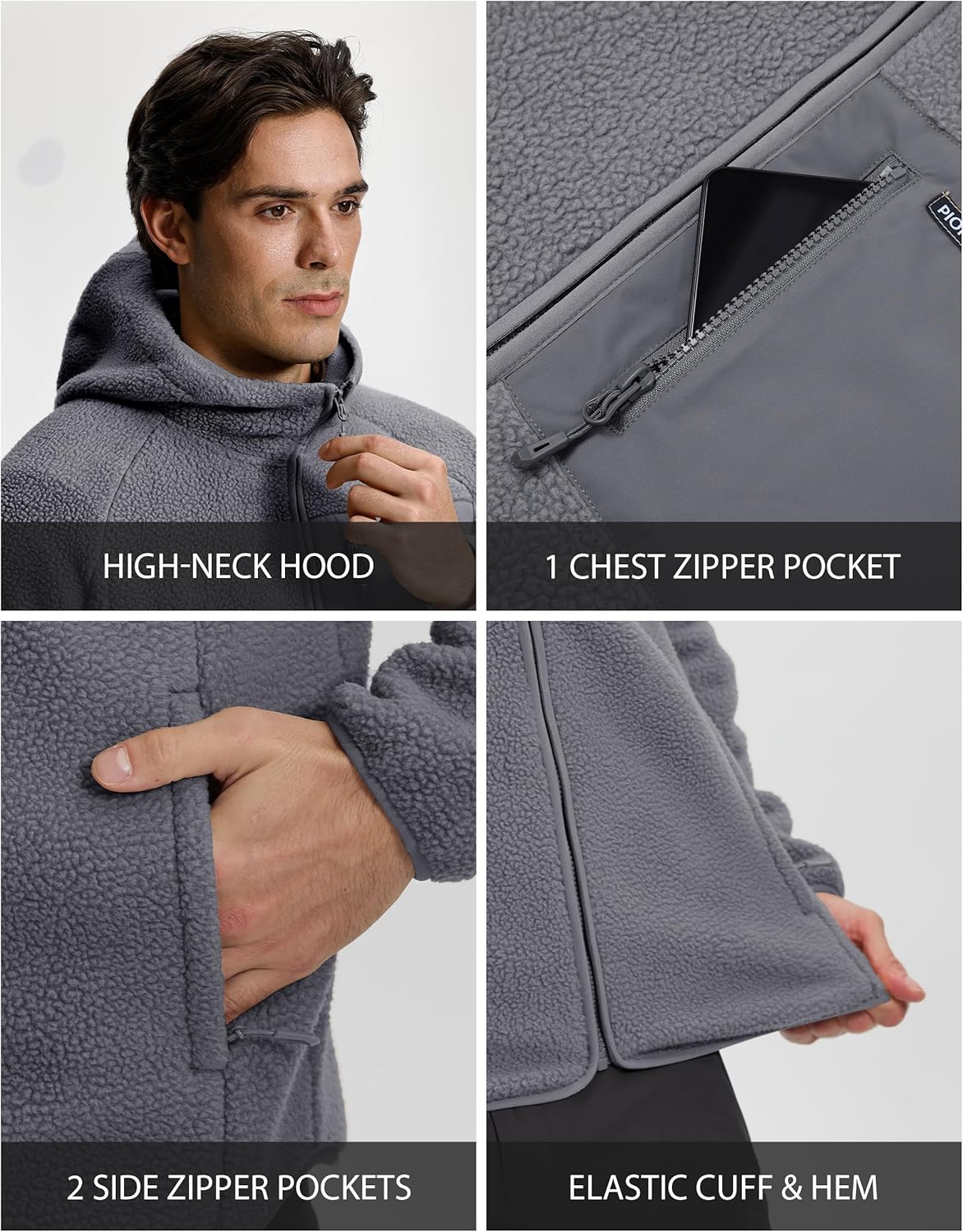 Pioneer Camp Men's Sherpa Fleece Full Zip Up Jacket with Hood Chest Pocket Winter Warm Thick Outwear Coat Hiking Climbing - Image 6