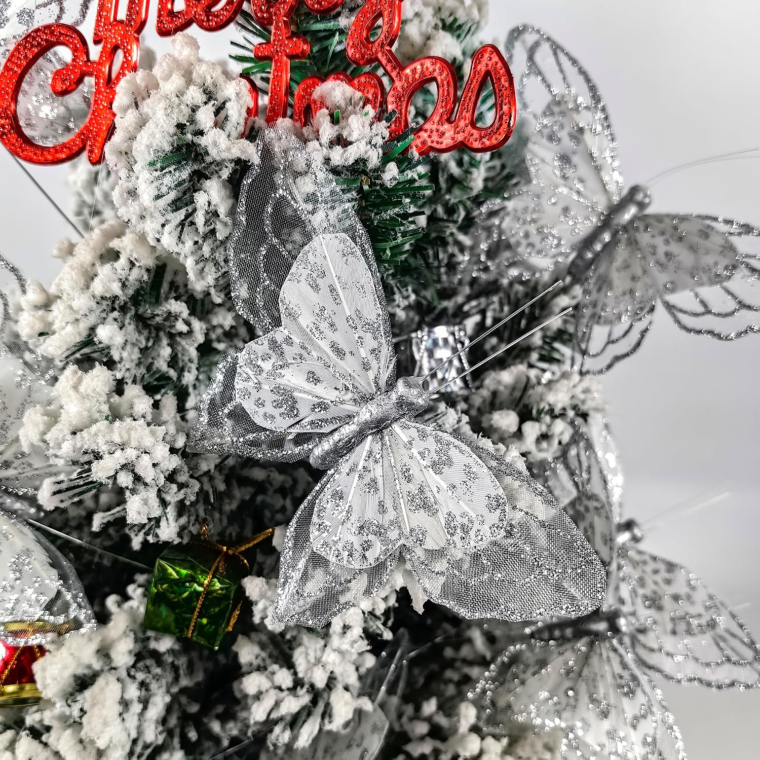 Berfutall-Artificial Butterfly for Decoration Silvery Ornament Tree Set of 12 with Wire Valentine's Day Gift Christmas and Wedding Decoration image 3