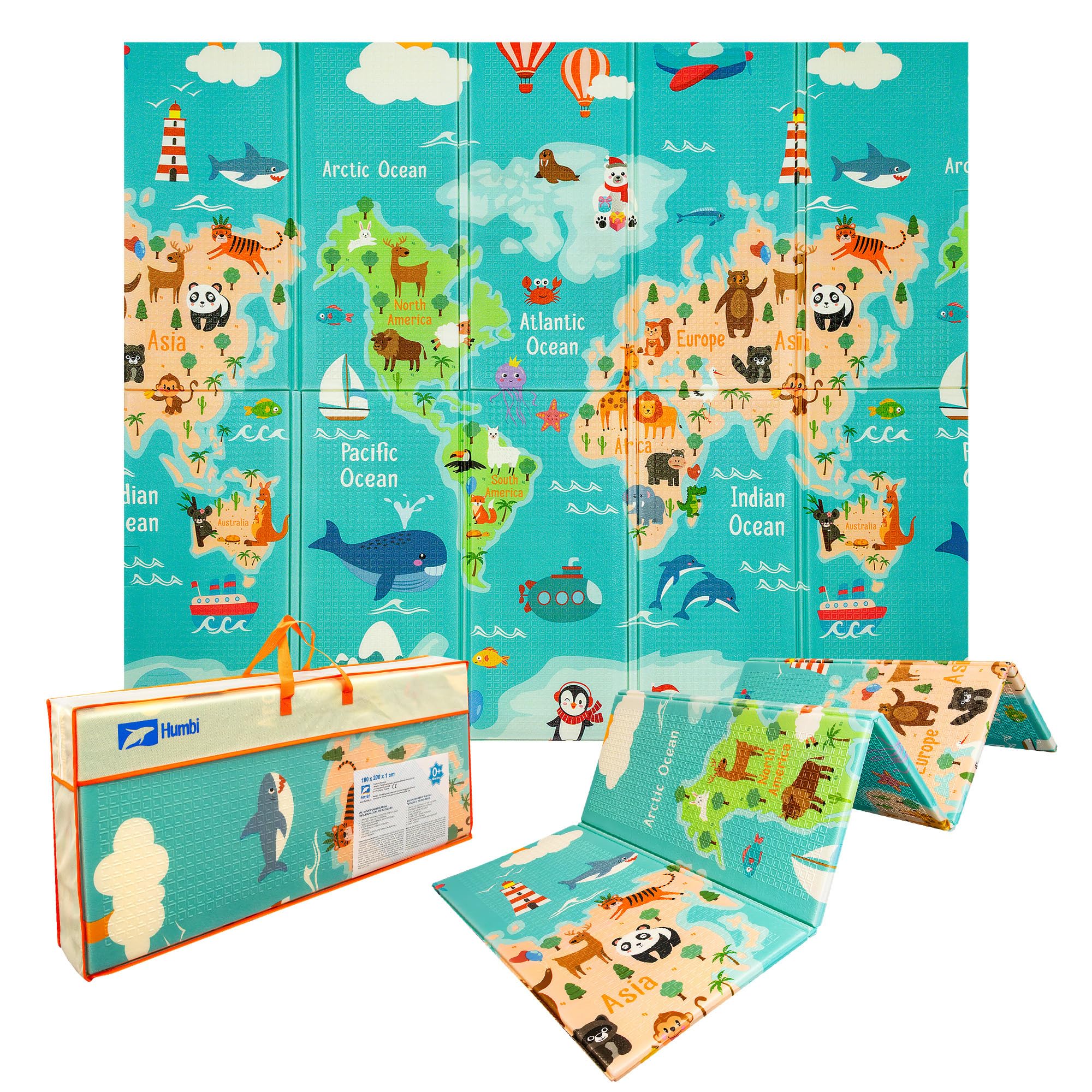 HUMBI Alfombra de juegos para bebé, alfombrilla para gatear, espuma XPE, doble cara, rayas planas, impermeable, extragrande, alfombra para bebé, antideslizante, 200 x 180 x 1 cm, mapa del mundo