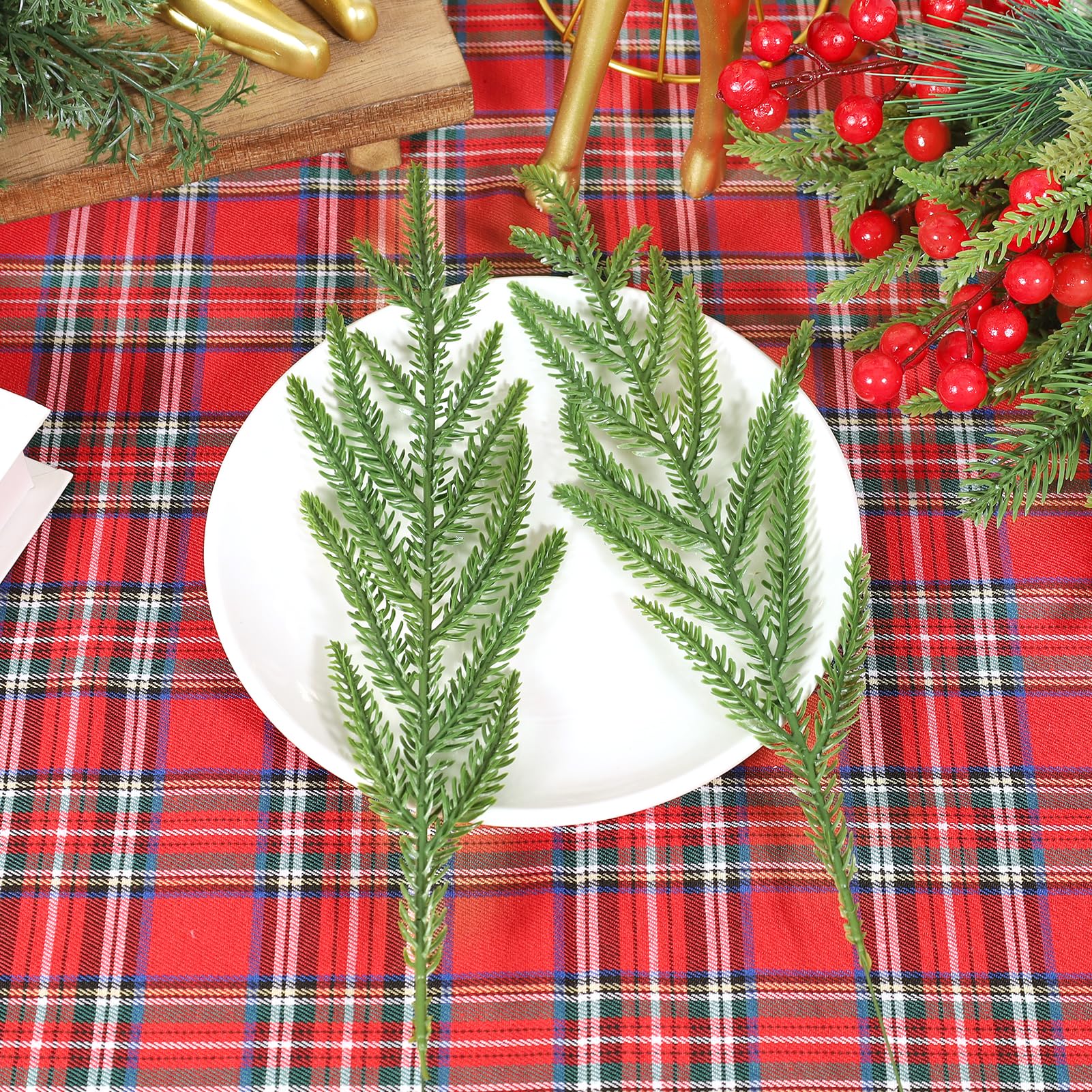 VICAMB 100 Stück Weihnachts-Tannennadeln, Zweige, 37,8 cm, künstliche grüne Tannennadeln, Zweige, künstliche grüne Tannenstiele, Weihnachts-Kiefernspieße für Xmax, DIY-Girlande, Heim-/Gartendekoration