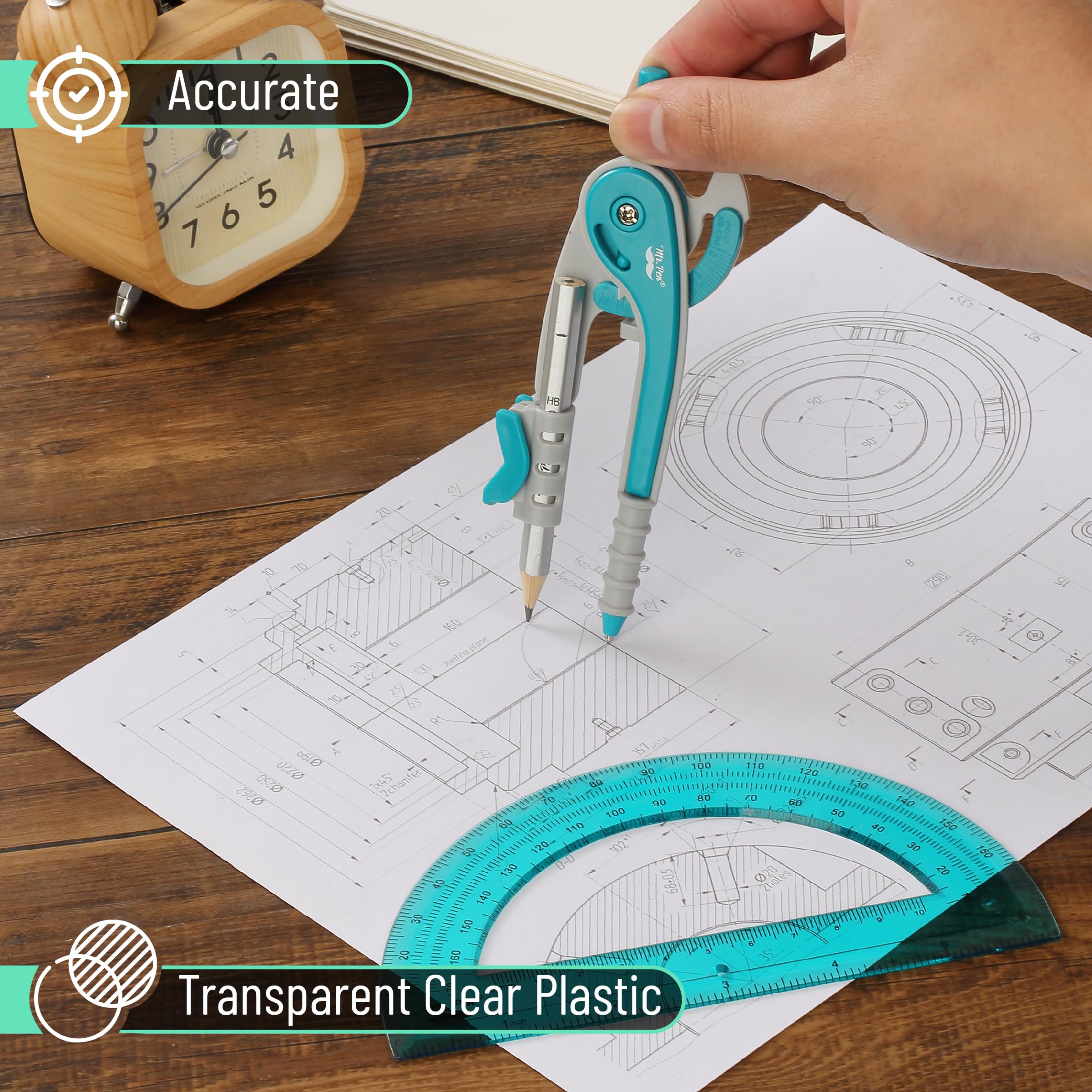 Mr. Pen- Compass and Protractor Set, Green, Compass Geometry Tool, Protractor and Compass Set, Compass Drawing Tool - Image 4