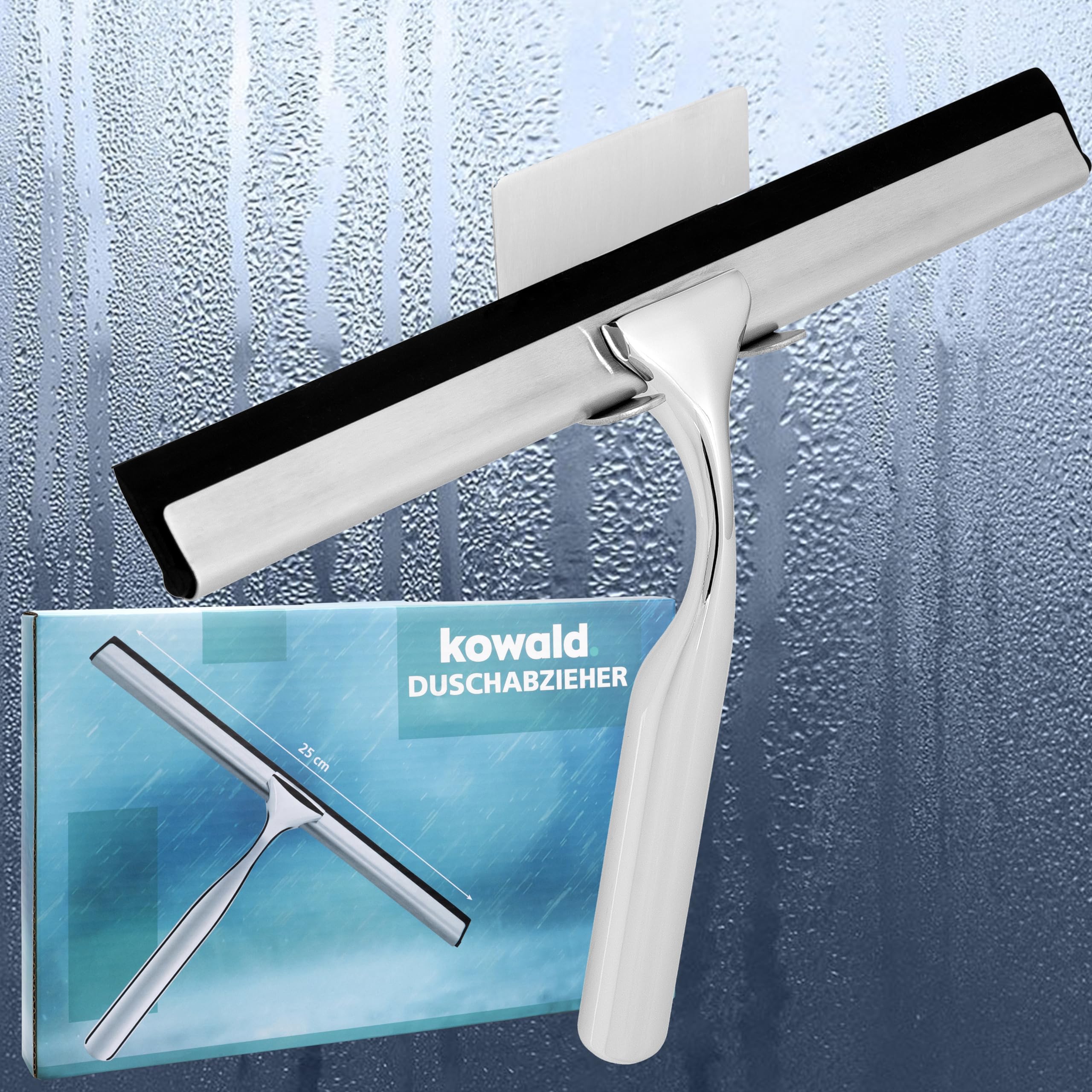 kowald Ściągacz prysznicowy ze stali nierdzewnej - szerokość 25 cm - z samoprzylepnym uchwytem, zapasowa warga