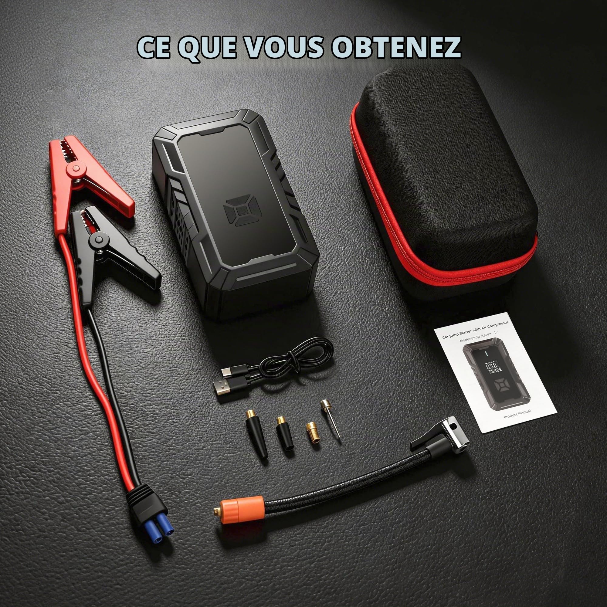 Démarreur de Batterie Auto Portable avec compresseur, Compatible véhicules Essence et Diesel 1,5L à 8L (Batteries 12V), gonflage Rapide des pneus, Aide au démarrage Durable – idéal Cadeau Homme