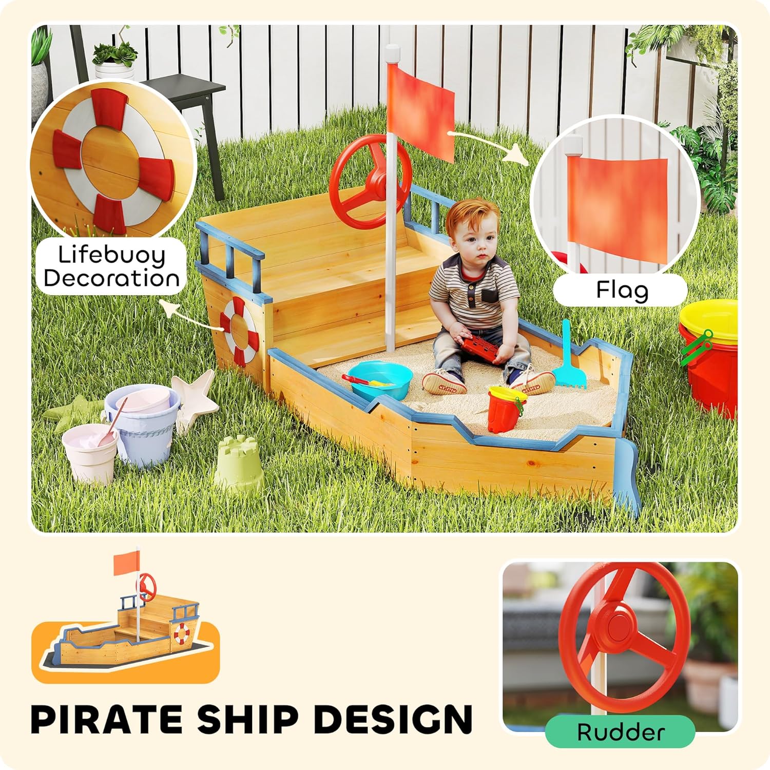 Outsunny Wooden Kids Sandbox, Ship-Shape Outdoor Sandboat with Bench Seats, Storage, Non-Woven Fabric Cloth for Backyard, Lawn, Natural Wood