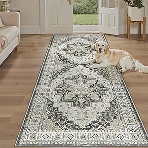 Madane Hallway Runner Rug 4x8 Wide: Washable Thin Runners for Hallways Entry, Non Slip Soft Vintage Kitchen Rugs Low Pile Carpet Runners for Living Room Bedroom Dining Room Foyer (Black, 4x8)