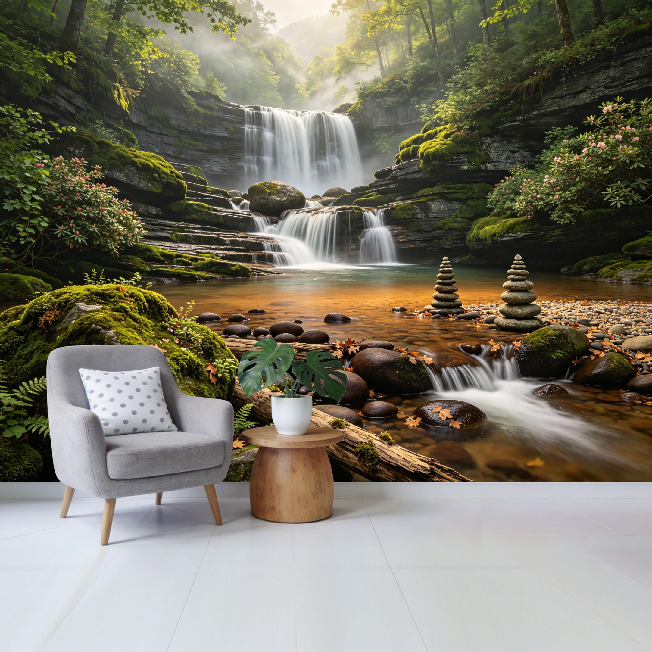 Custom Size Wall Mural Serene Forest Waterfall Landscape with Moss Rocks and Flowing River Removable Self Adhesive Fabric Home Wall Decor for Living Room Bedroom Bathroom