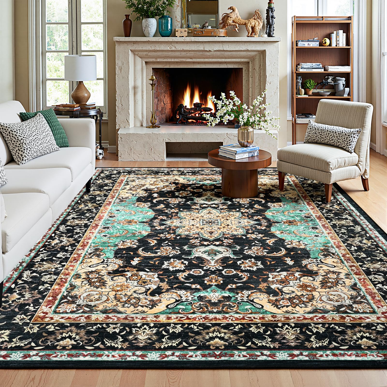 Amearea Vintage Design Black Area Rugs for Living Room, 4x6 Machine Washable Floral Collection Traditional Bedroom Rug, Low Pile Kids Room Carpet, No