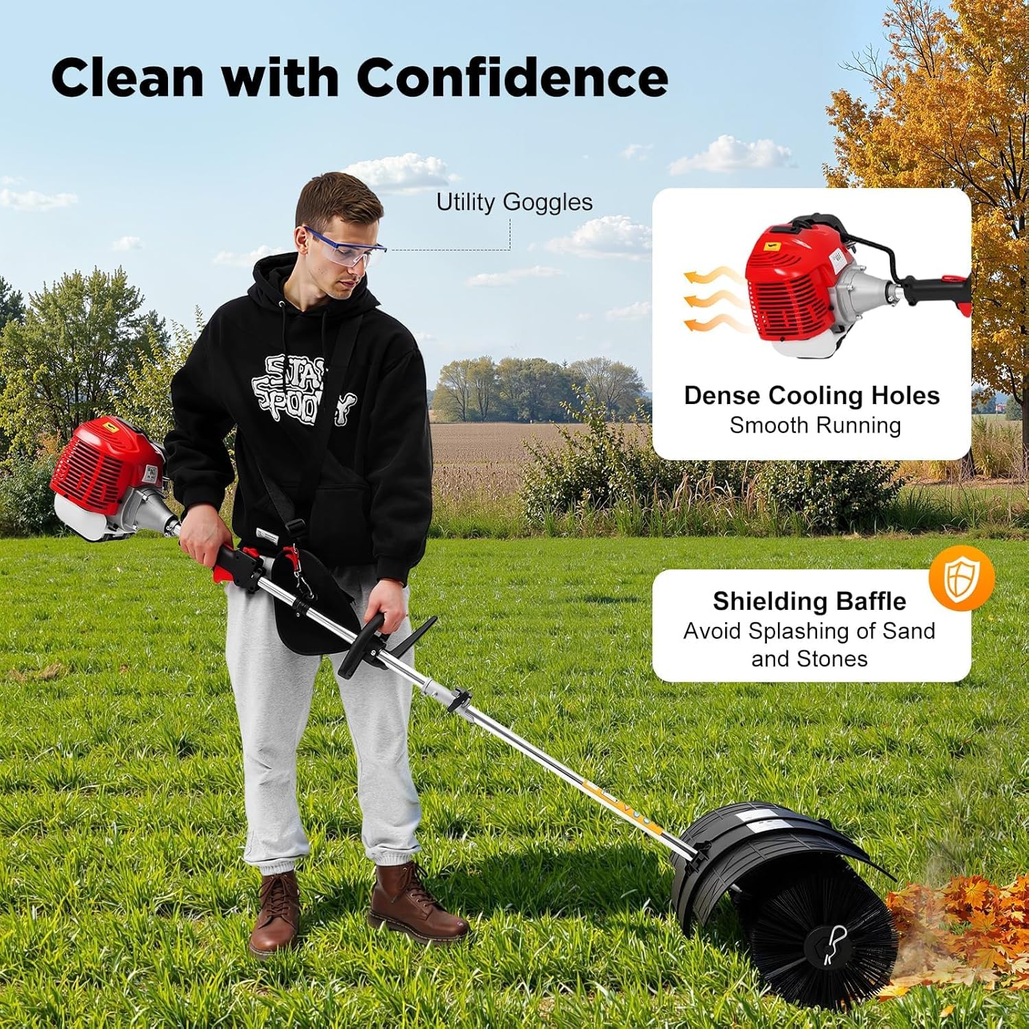 52cc Gas Handheld Sweeper, 2.3HP 2-Stroke Lawn Sweeper Heavy-Duty - Air-Cooled Single Cylinder, Max. 8500RPM, Portable Power Broom for Snow, Yard, Driveway, Golf Course, Large Area Cleaning