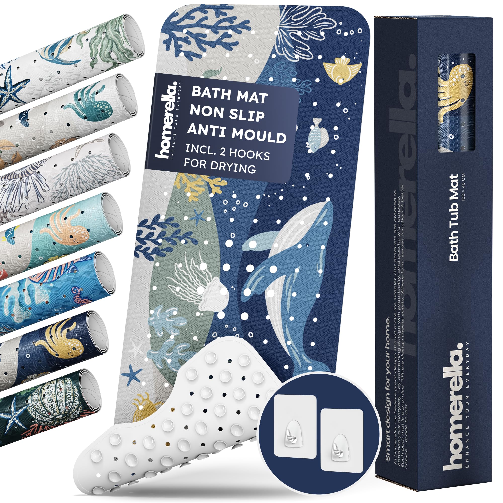 Homerella Girls Deep Blue Sea Bath Mat Non Slip Anti Mould Kids 100X40cm Incl. 2 Hooks - Anti Slip Bathtub Mat Machine Washable, Bpa Free, Toddler Non Slip Bath Mat For Inside Bath Tub